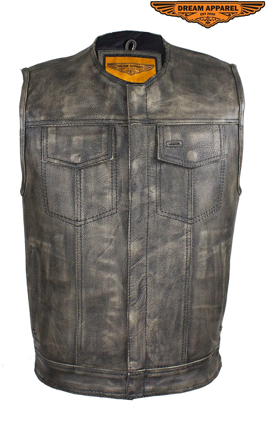 Mens Distressed Brown Leather Motorcycle Club Vest With Zipper & No Collar