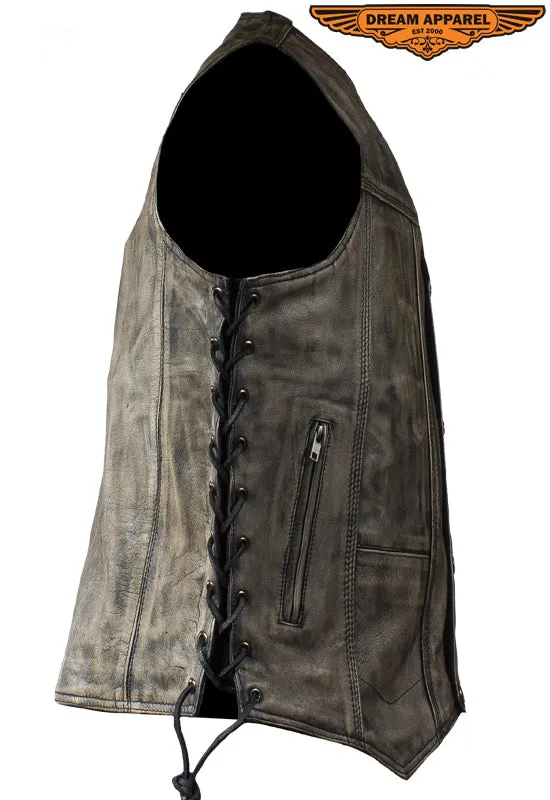 Mens Distressed Brown Motorcycle Vest With 10 Pockets Side Laces