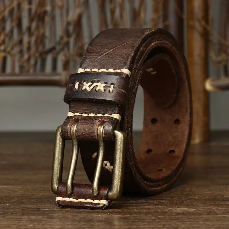 Men's Distressed Double Needle Buckle Leather Belt