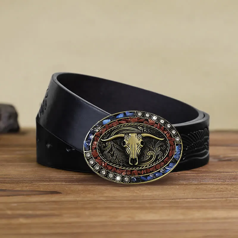 Men's DIY Burgundy & Blue Stones Bull Buckle Leather Belt