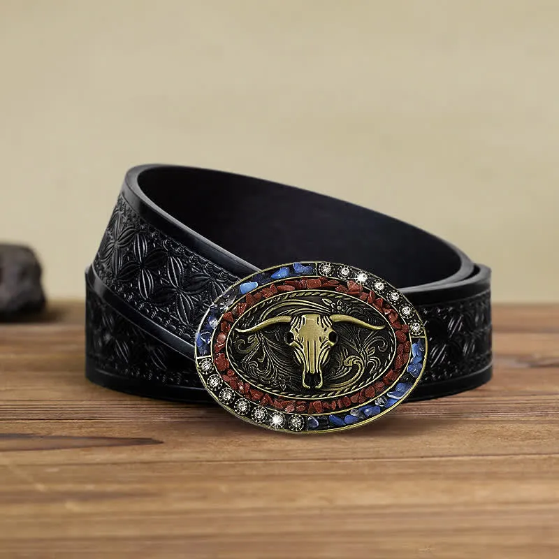 Men's DIY Burgundy & Blue Stones Bull Buckle Leather Belt