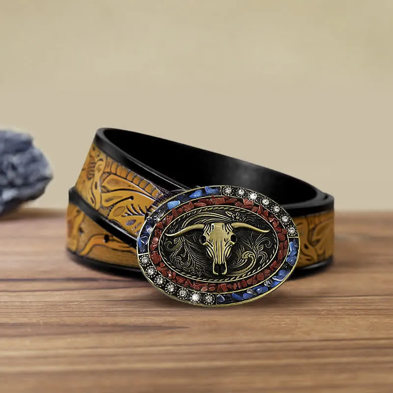 Men's DIY Burgundy & Blue Stones Bull Buckle Leather Belt