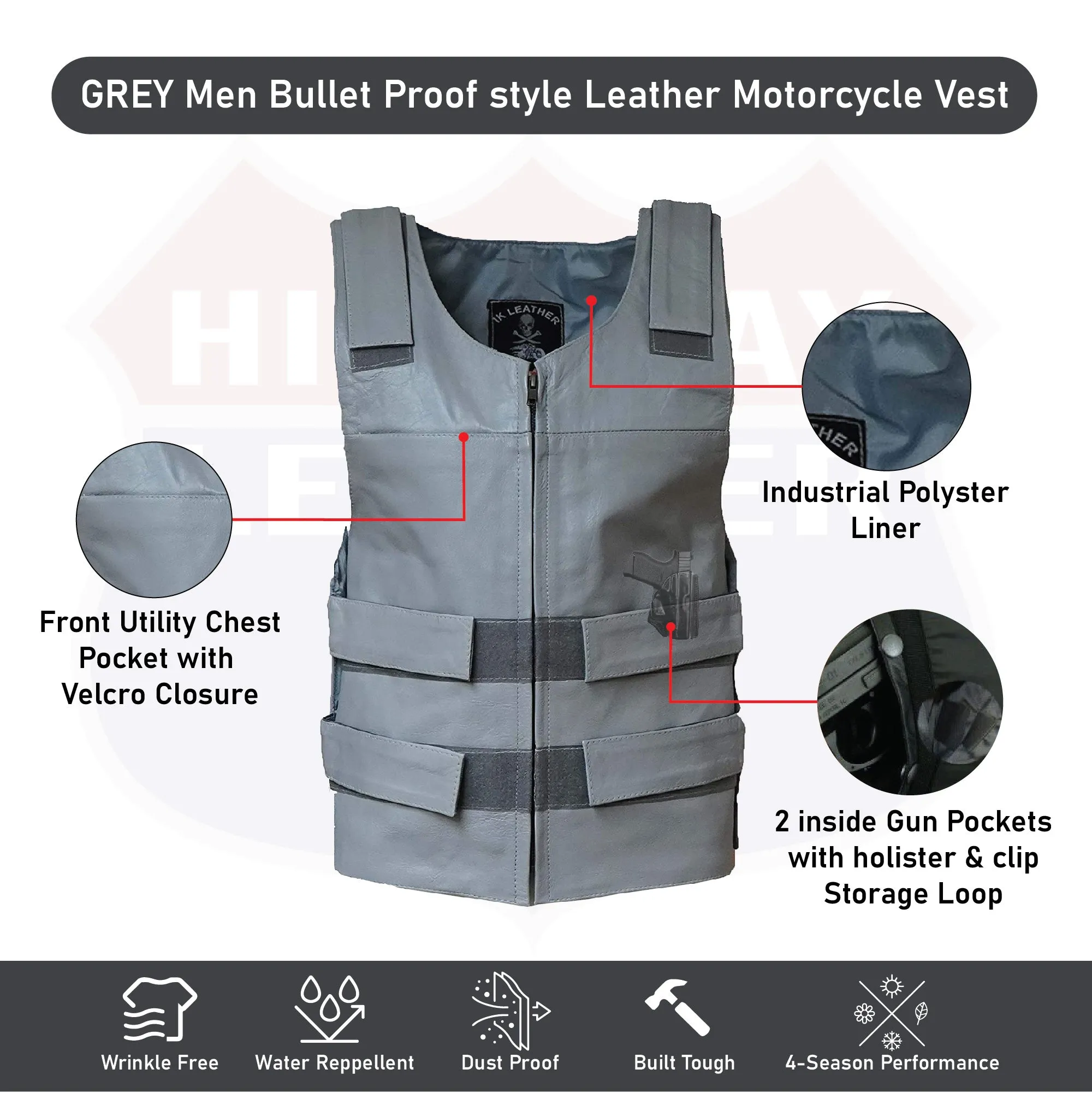 MEN'S GRAY BULLET PROOF LEATHER VEST Shade#36 (SKU#11643Gray36)