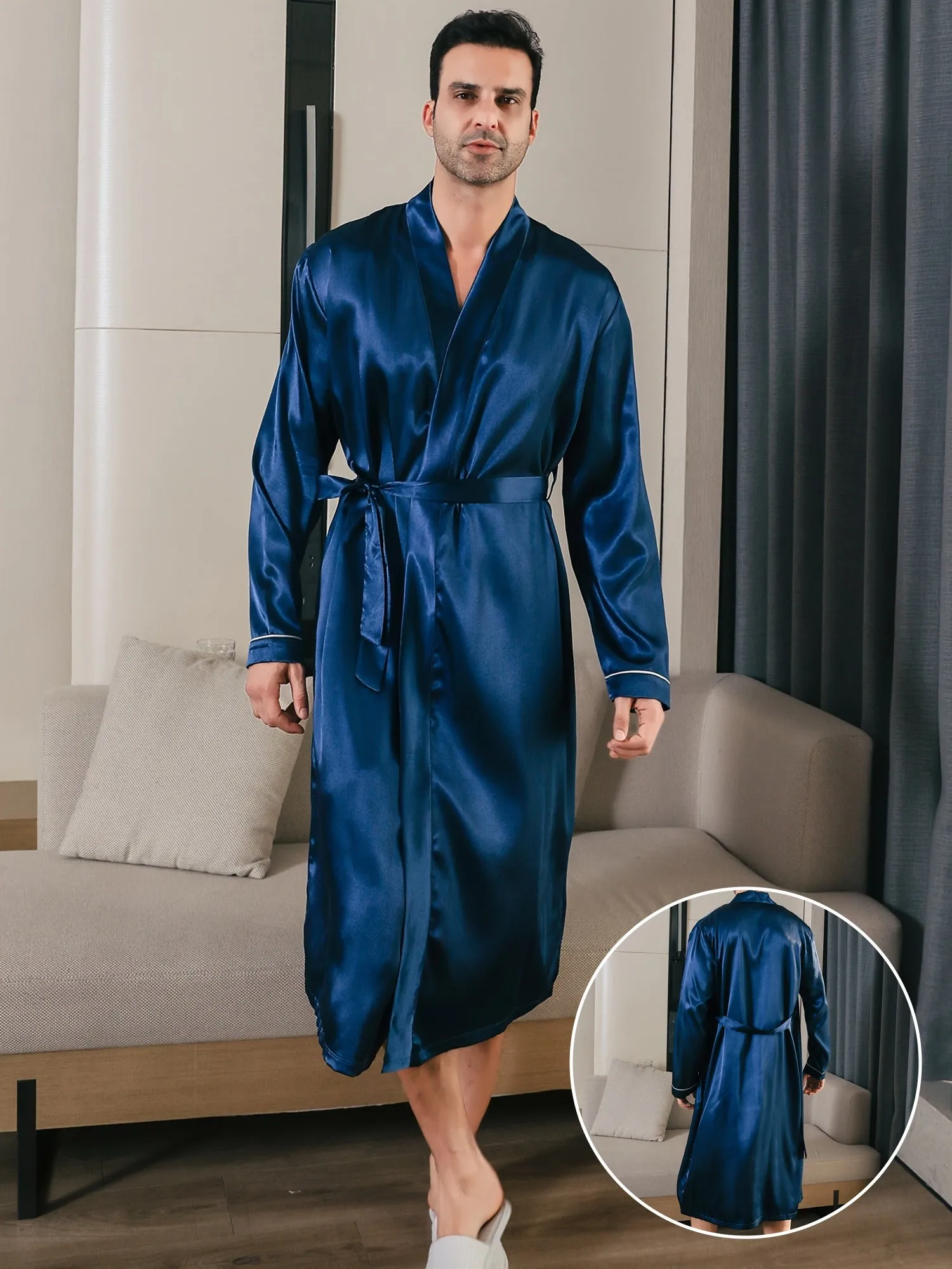 Mens Long Sleeve V-Neck Robe - Lightweight, Breathable, Soft Polyester Ice Silk Fabric with Waist Tie for Comfortable Lounge Wear in Spring, Summer and Fall Seasons - Regular Fit, Solid Color, Woven Robe Set