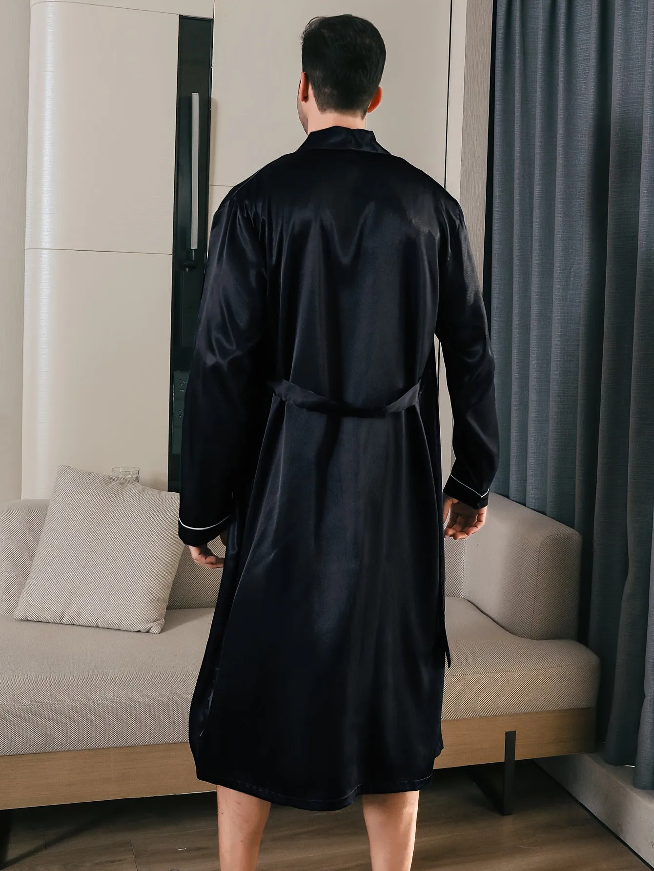 Mens Long Sleeve V-Neck Robe - Lightweight, Breathable, Soft Polyester Ice Silk Fabric with Waist Tie for Comfortable Lounge Wear in Spring, Summer and Fall Seasons - Regular Fit, Solid Color, Woven Robe Set