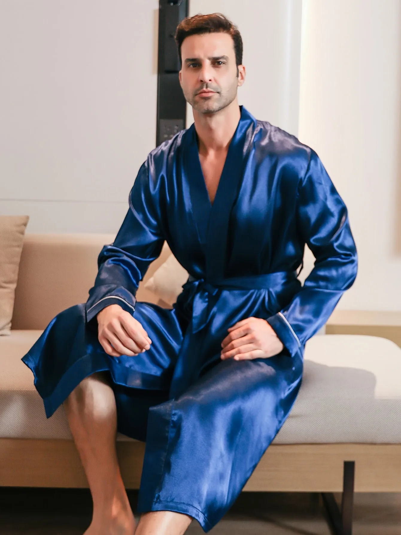 Mens Long Sleeve V-Neck Robe - Lightweight, Breathable, Soft Polyester Ice Silk Fabric with Waist Tie for Comfortable Lounge Wear in Spring, Summer and Fall Seasons - Regular Fit, Solid Color, Woven Robe Set