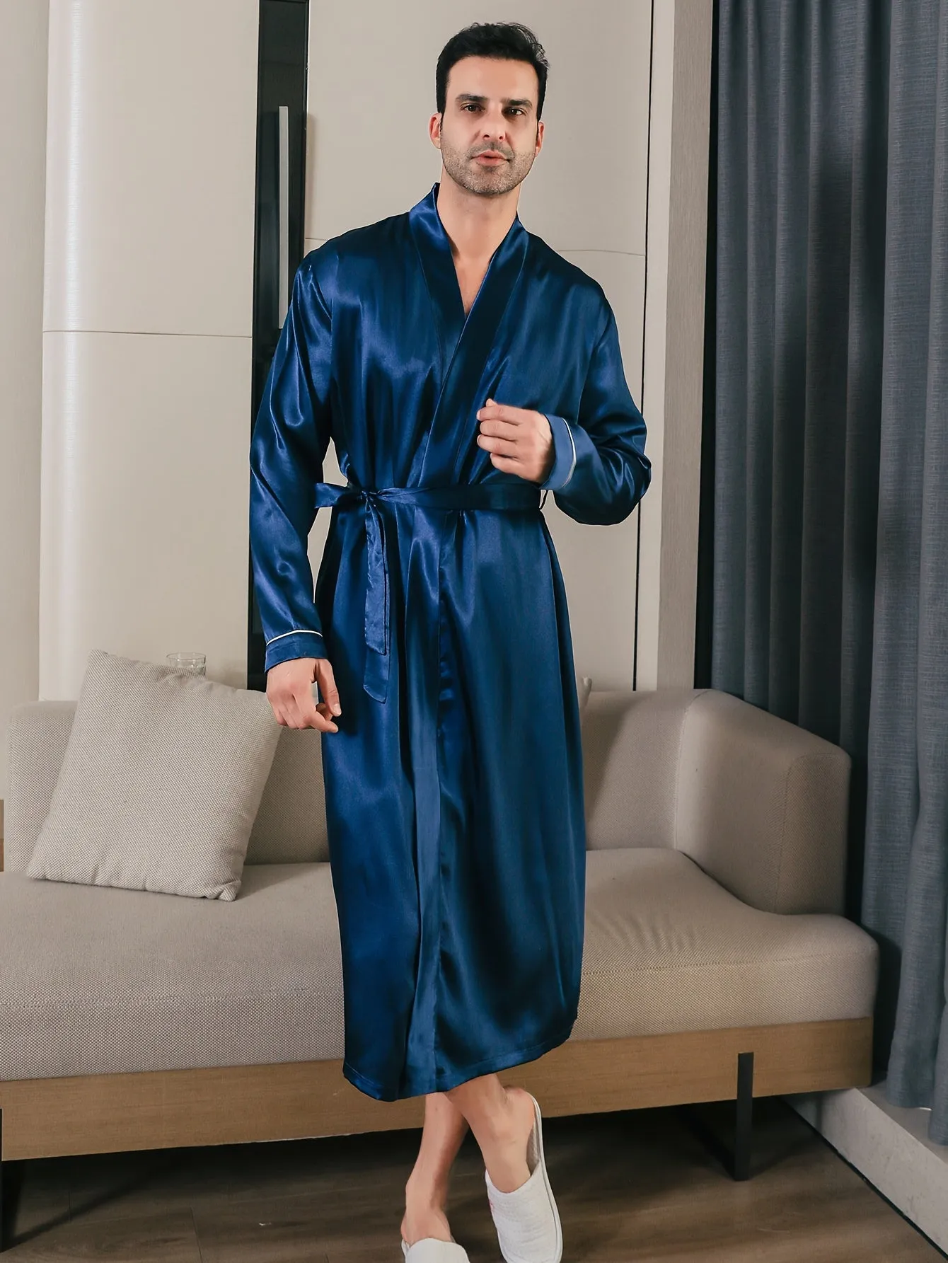 Mens Long Sleeve V-Neck Robe - Lightweight, Breathable, Soft Polyester Ice Silk Fabric with Waist Tie for Comfortable Lounge Wear in Spring, Summer and Fall Seasons - Regular Fit, Solid Color, Woven Robe Set