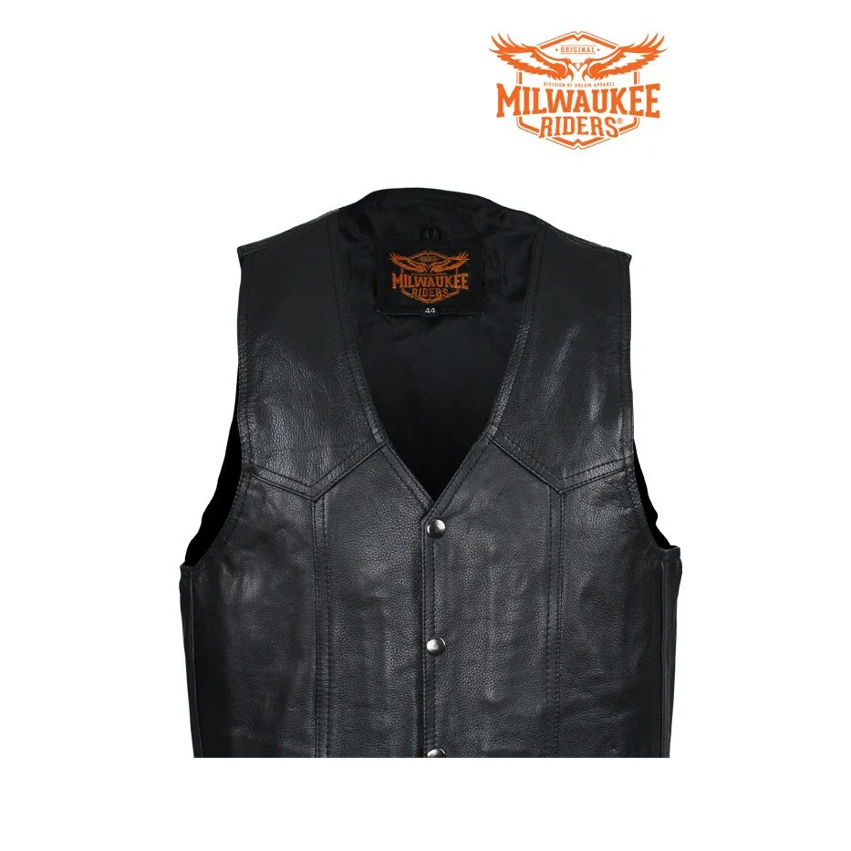 Men's Plain Black Naked Cowhide Leather Vest By Milwaukee Riders®