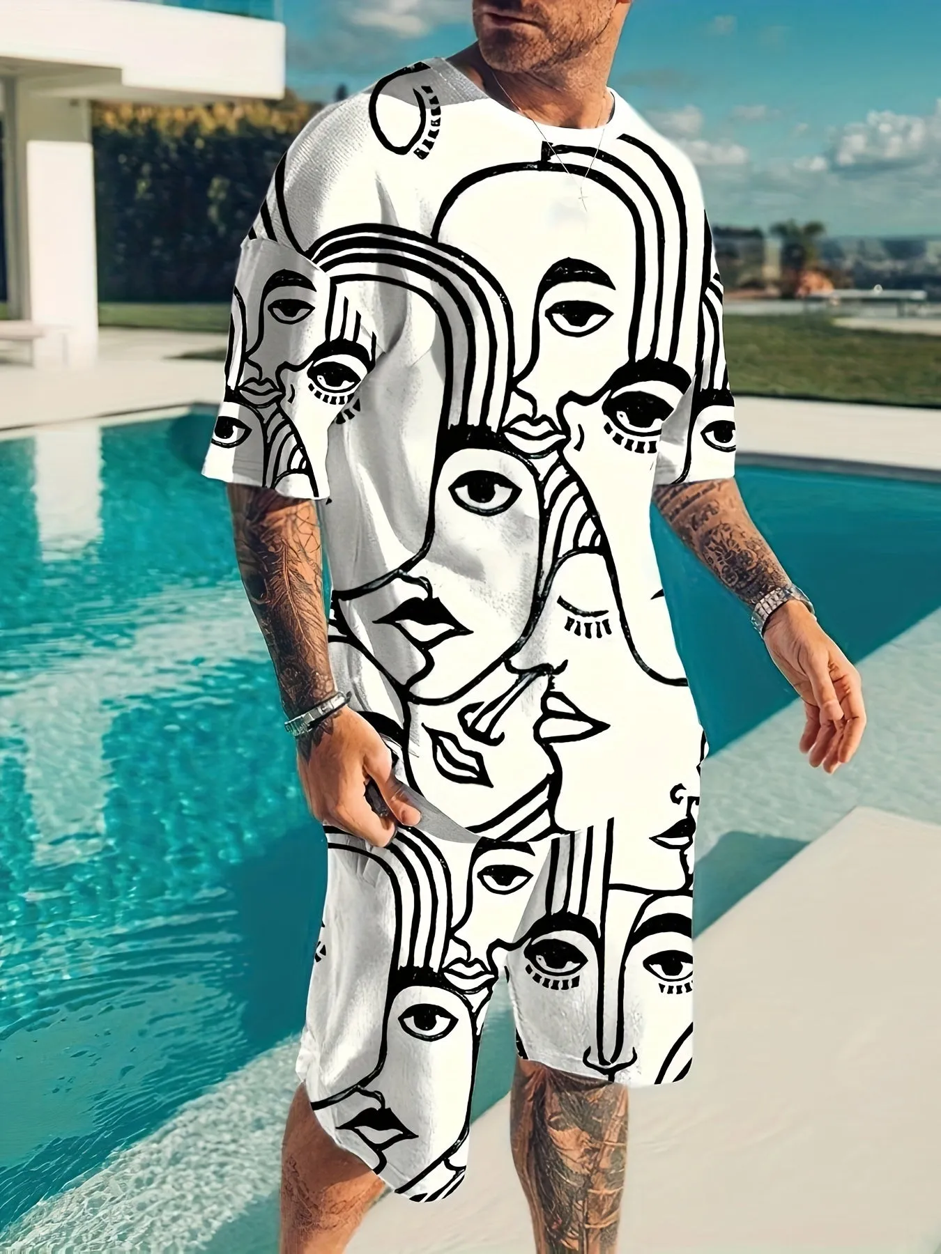 Men's Trendy Casual Comfy Tees & Shorts, Graffiti Portrait Graphic Print Crew Neck Short Sleeve T-shirt & Loose Shorts Home Pajamas Sets, Outdoor Sets For Summer