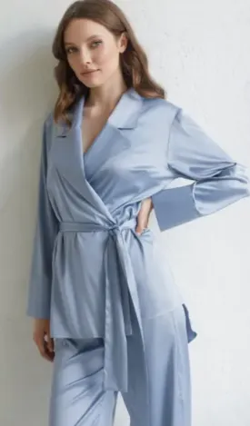 Mother of the Bride Dusty Blue Satin Wrap Pajama Set