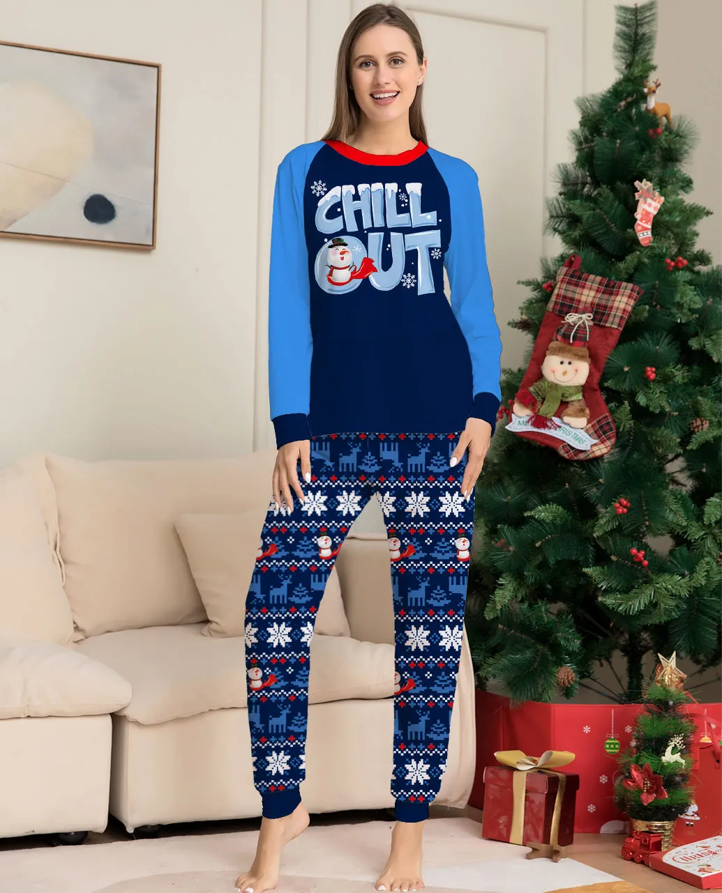 New Christmas Family Pajamas Set Blue Snowman Print