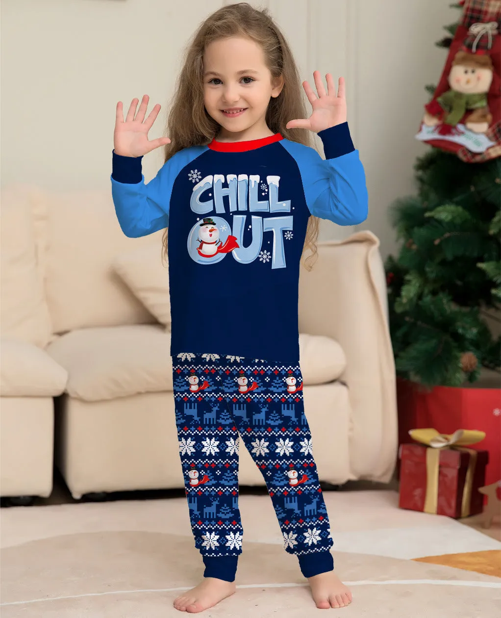 New Christmas Family Pajamas Set Blue Snowman Print