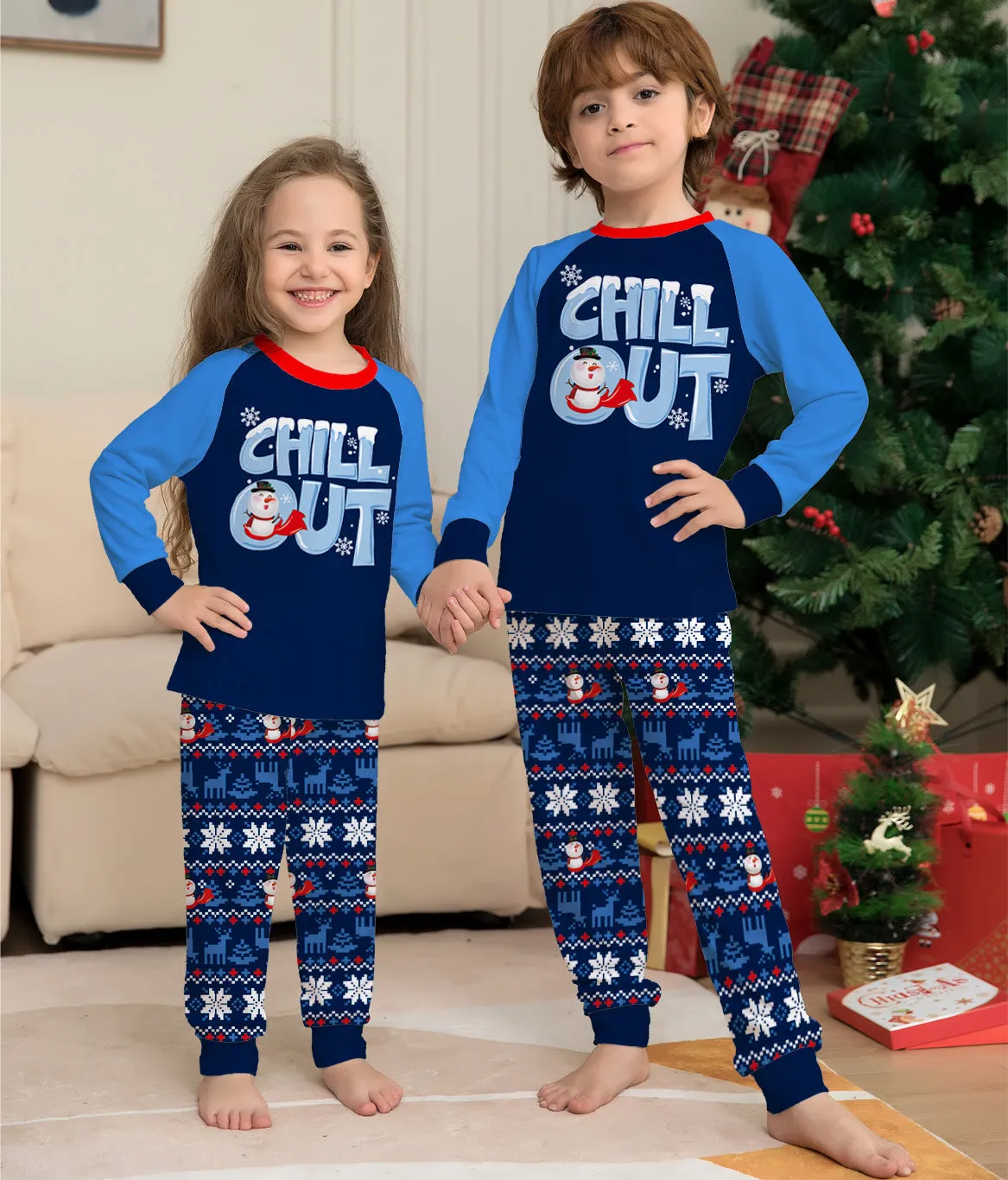 New Christmas Family Pajamas Set Blue Snowman Print