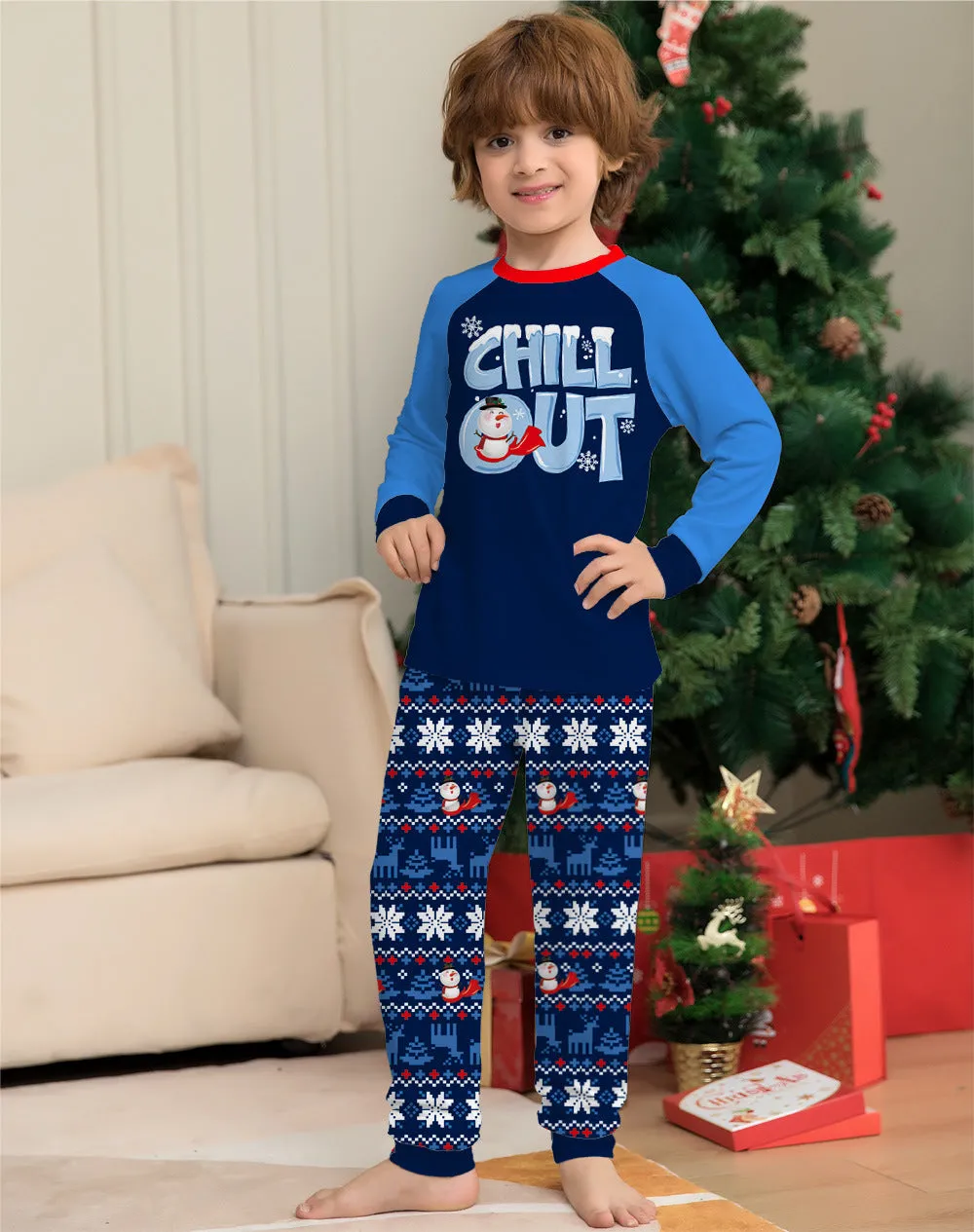 New Christmas Family Pajamas Set Blue Snowman Print