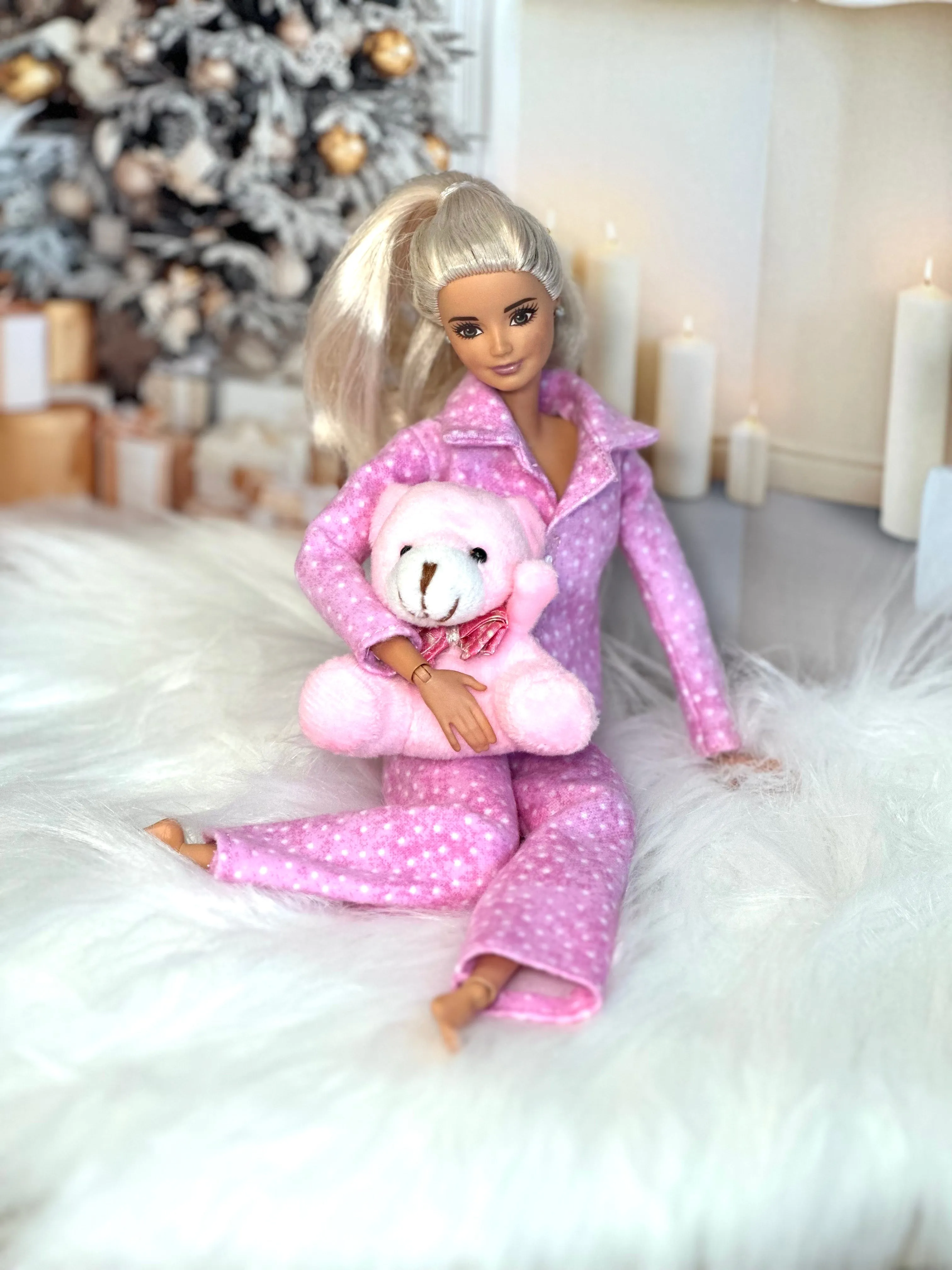 Pink flannel pajamas for barbie dolls Christmas pajamas 1/6 scale