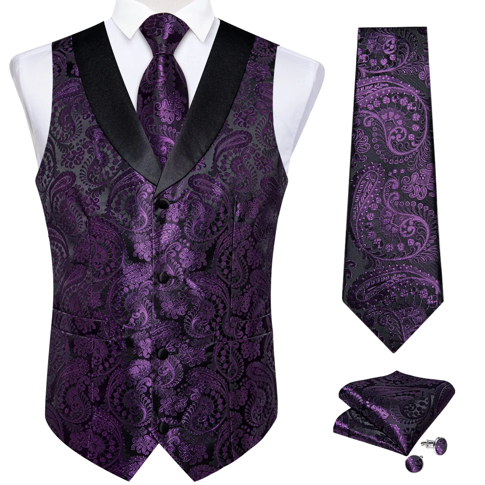 Purple Paisley Black Collar Vest Tie Hanky Cufflinks Set