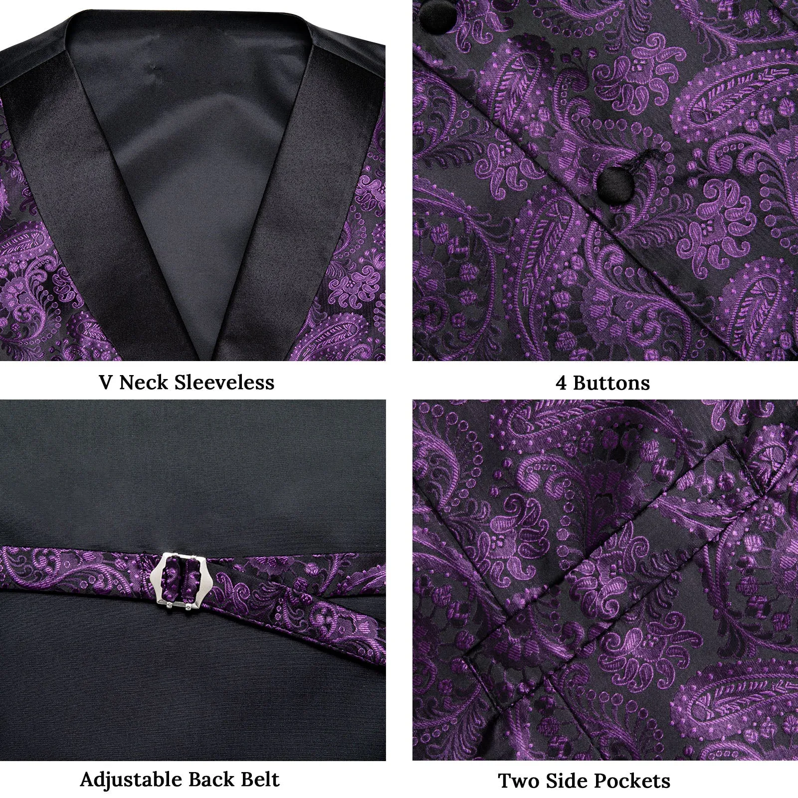 Purple Paisley Black Collar Vest Tie Hanky Cufflinks Set