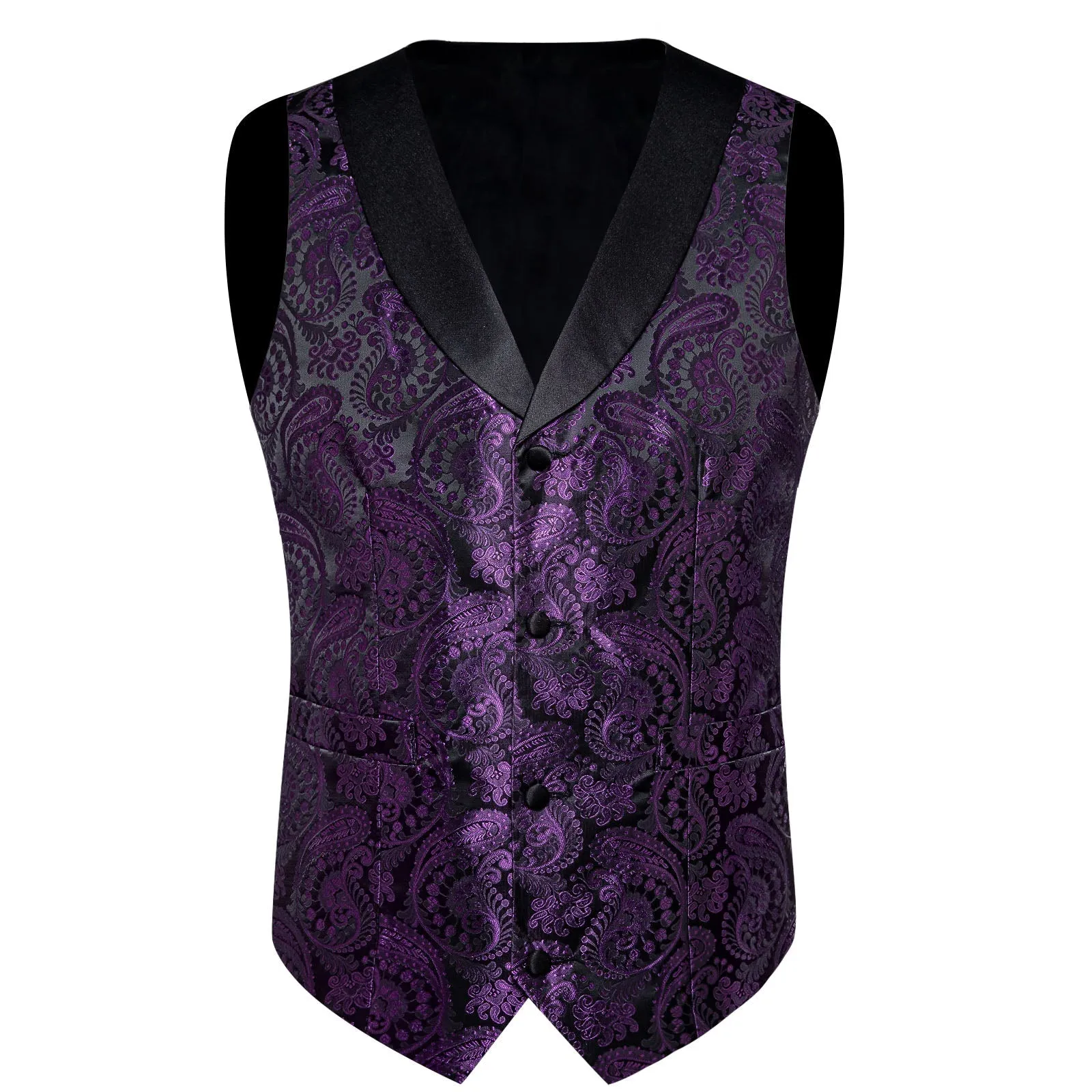 Purple Paisley Black Collar Vest Tie Hanky Cufflinks Set