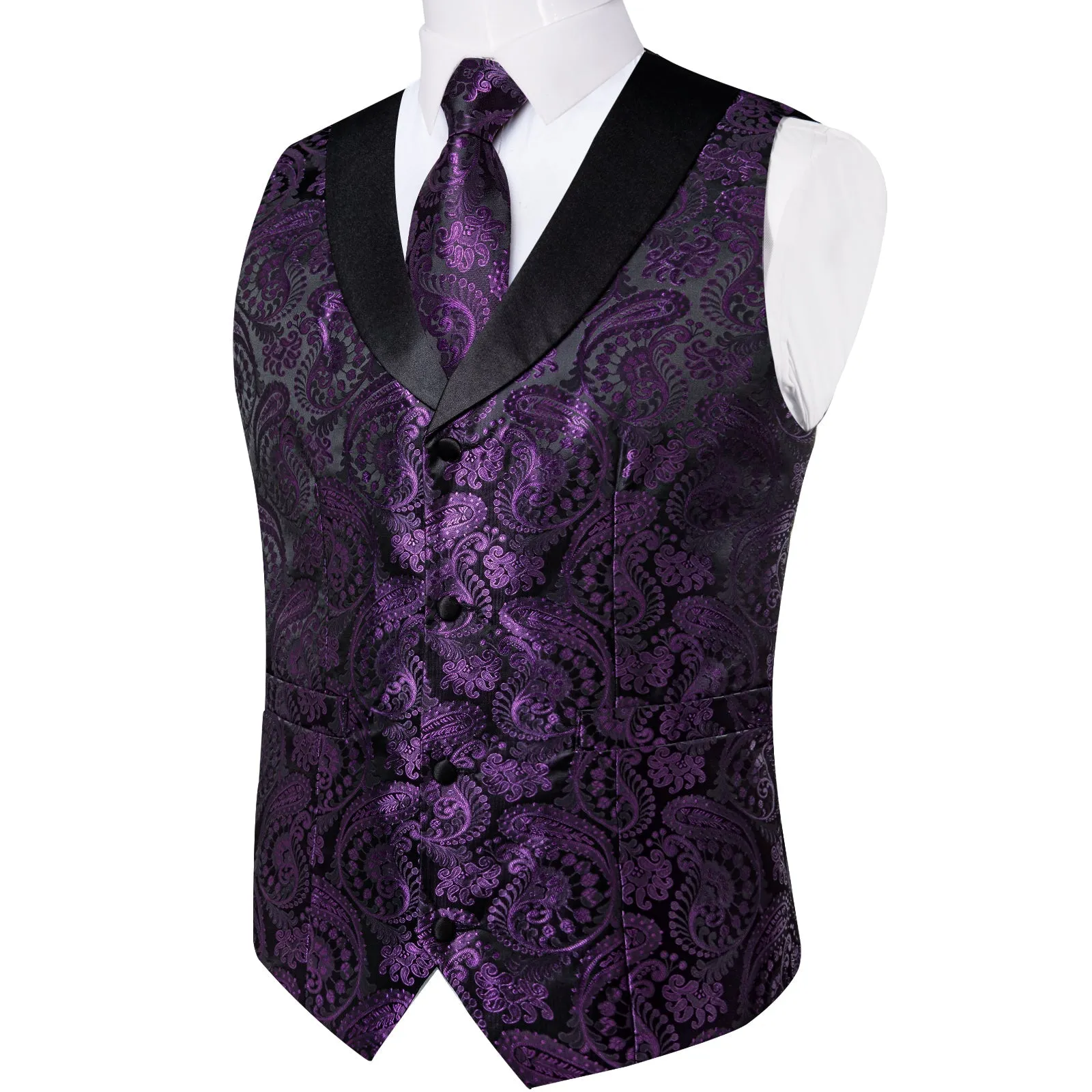 Purple Paisley Black Collar Vest Tie Hanky Cufflinks Set