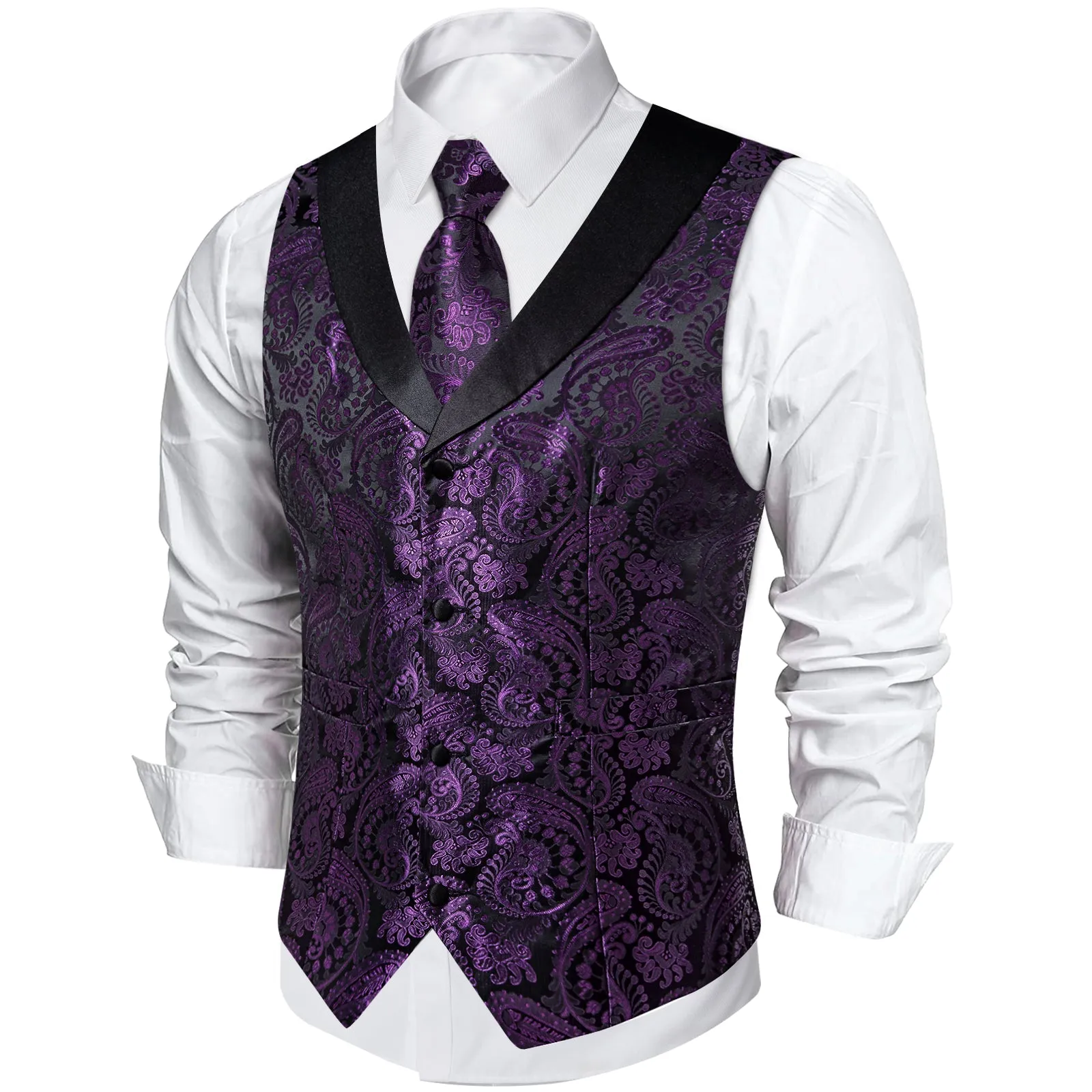 Purple Paisley Black Collar Vest Tie Hanky Cufflinks Set