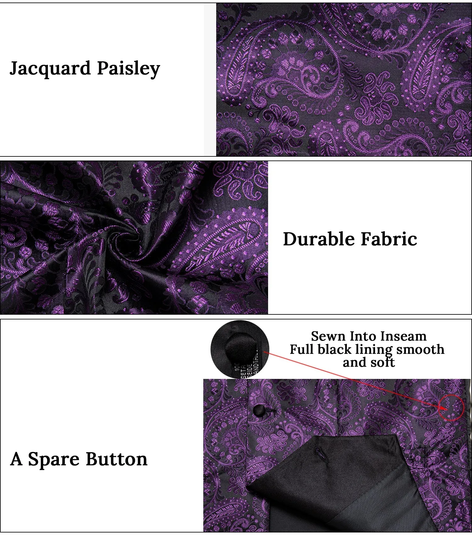 Purple Paisley Black Collar Vest Tie Hanky Cufflinks Set