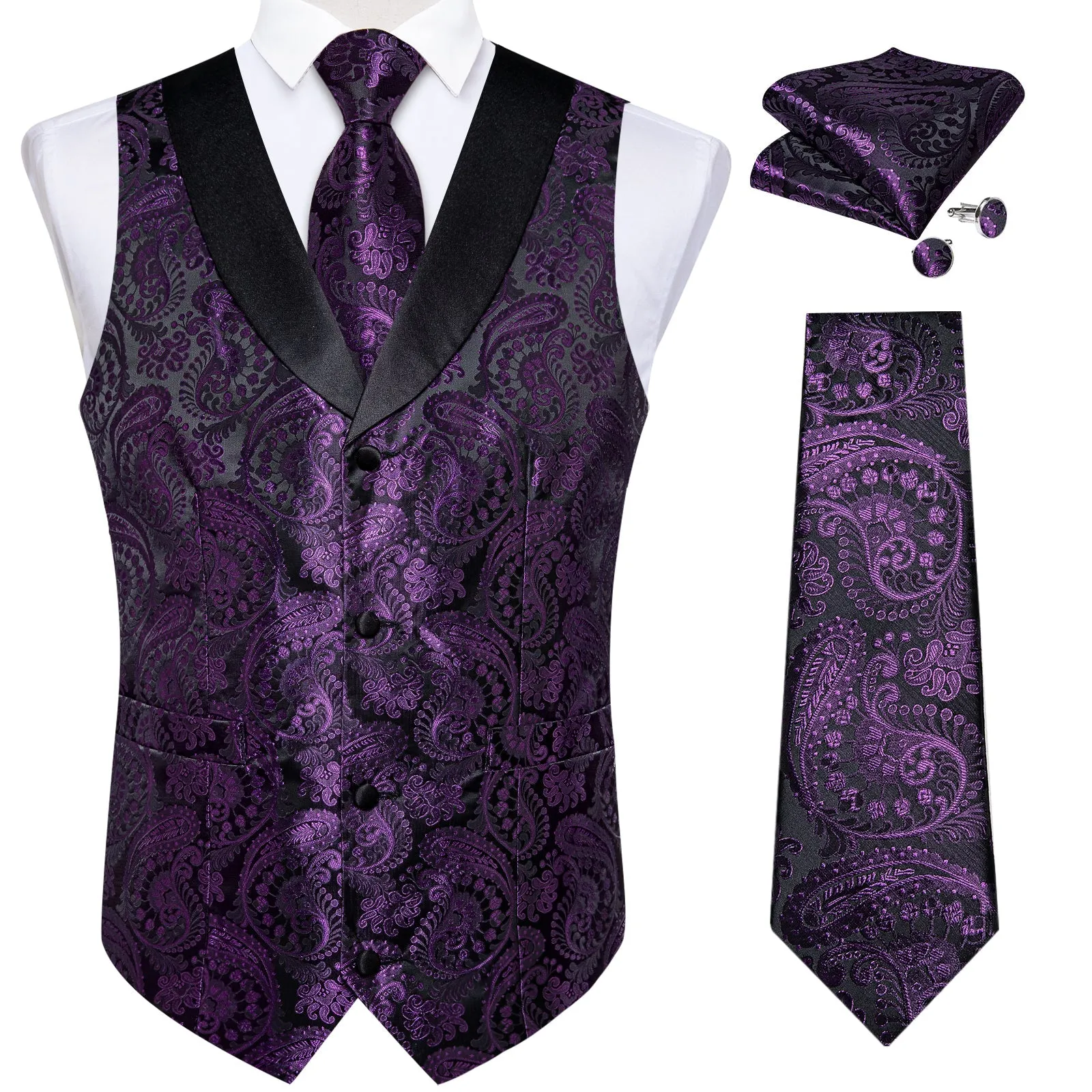 Purple Paisley Black Collar Vest Tie Hanky Cufflinks Set