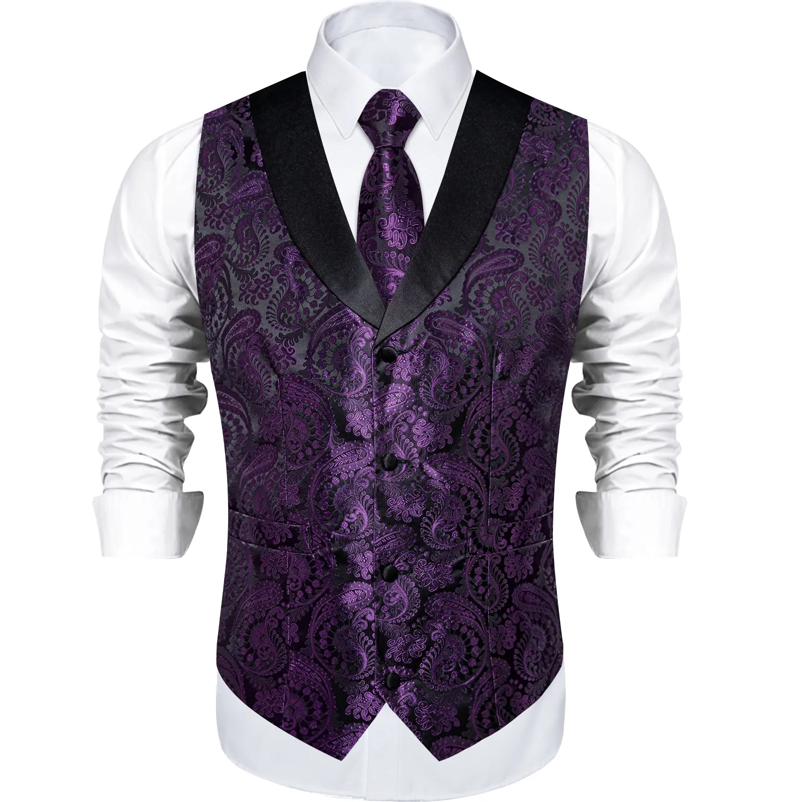 Purple Paisley Black Collar Vest Tie Hanky Cufflinks Set