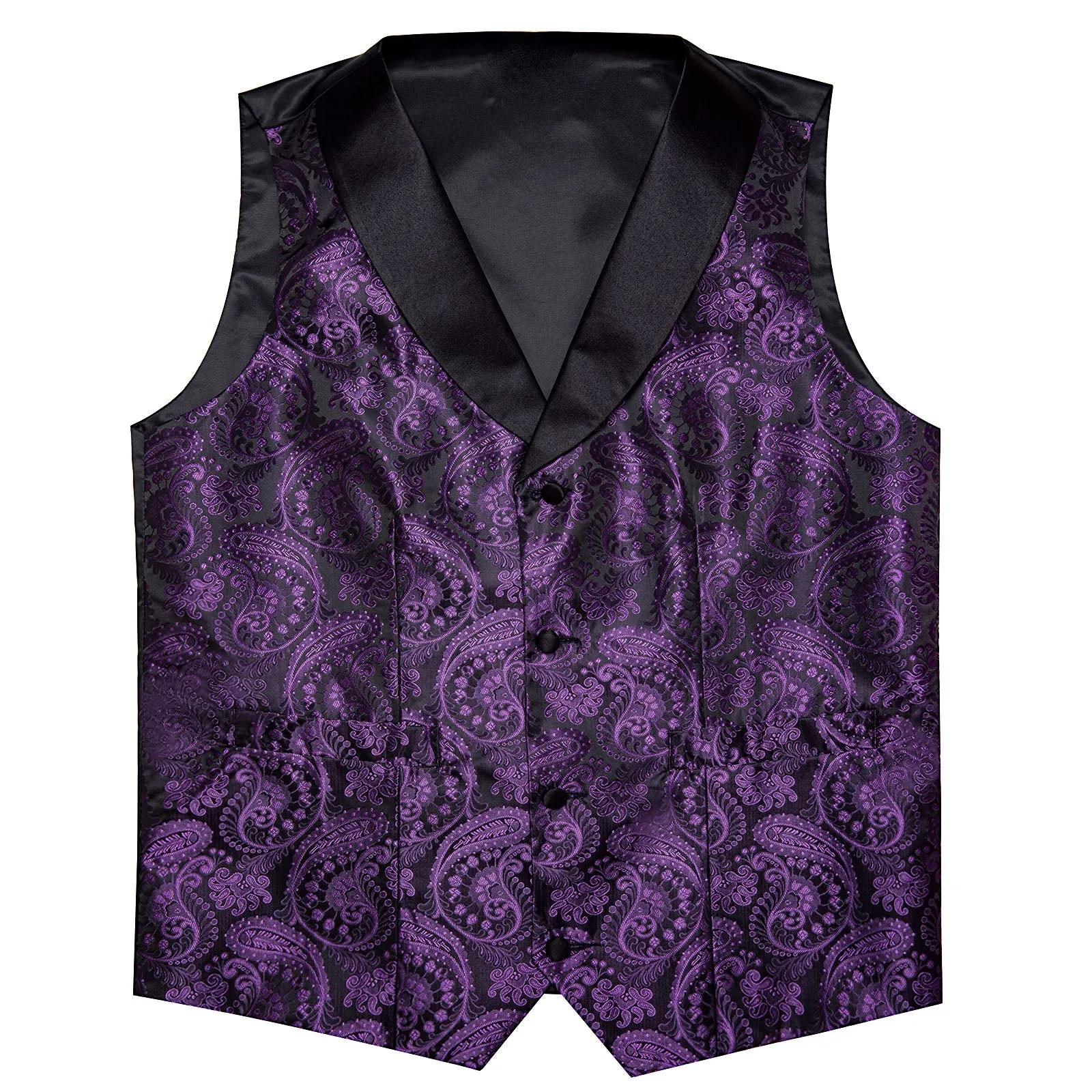 Purple Paisley Black Collar Vest Tie Hanky Cufflinks Set