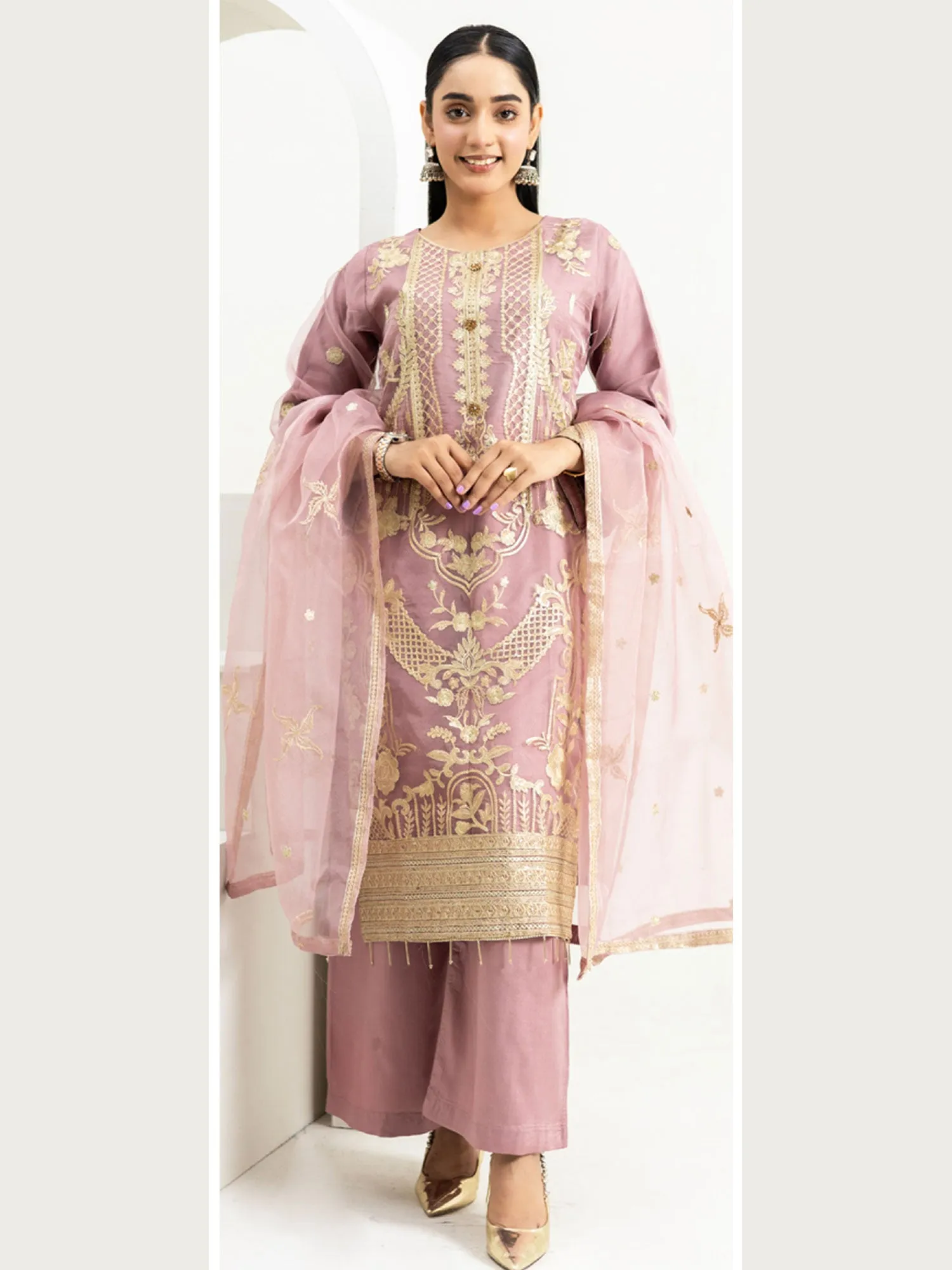 Rangz Organza Suit with Palazzo - Dusky Pink