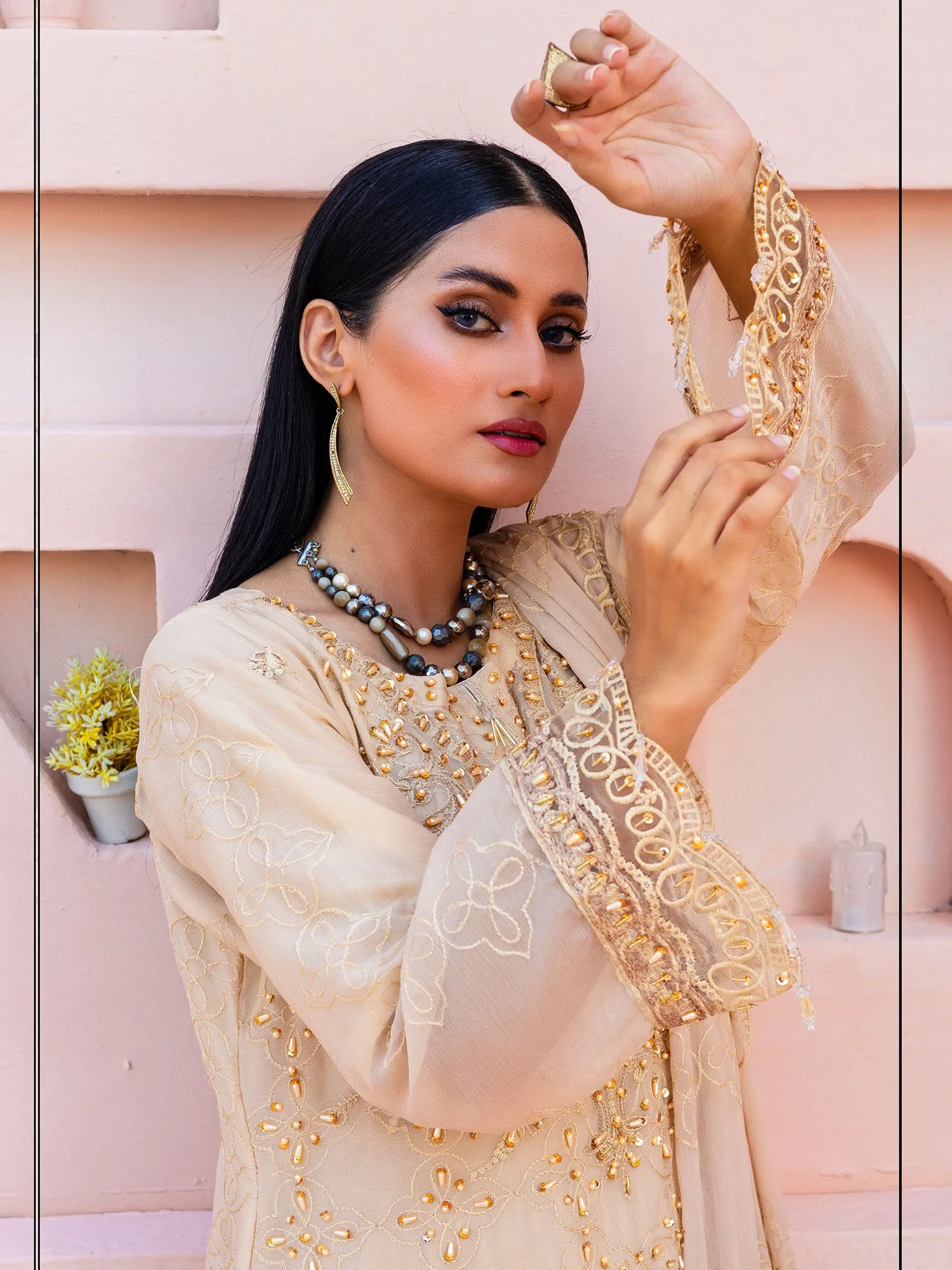 Rangz "Zara" Luxury Embroidered Chiffon Suit - Cream