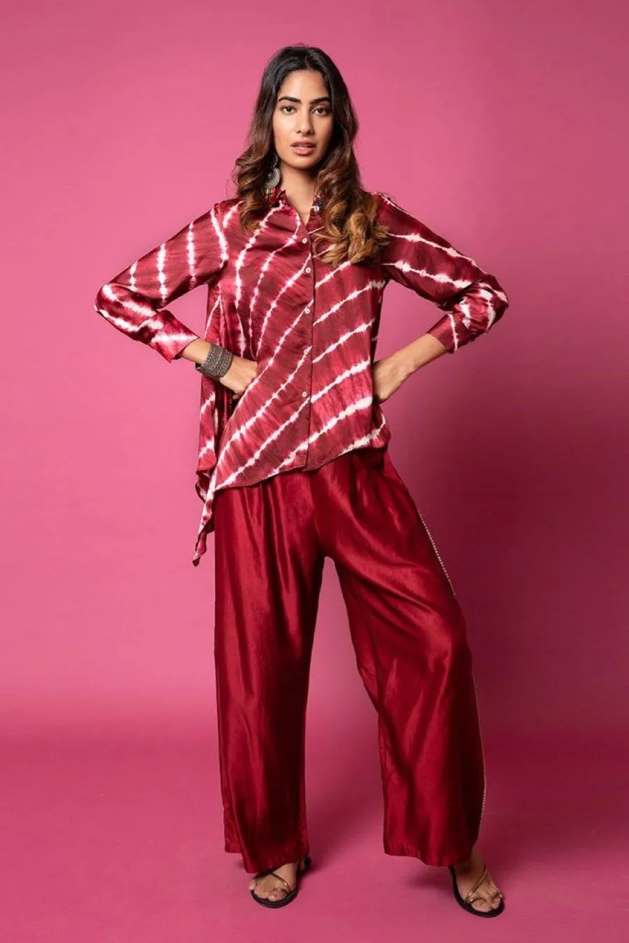 Raspberry Pink Asymmetric Shirt With Straight Leg Pants