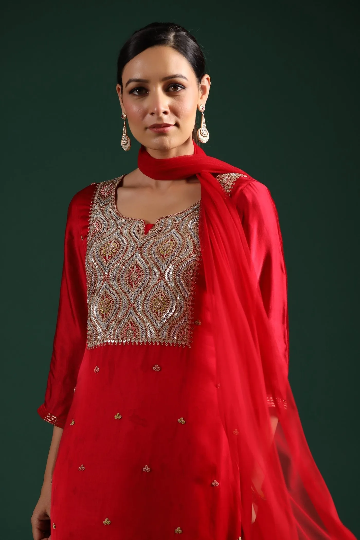 Red Zari Embroidered Gajji Silk Kurta Set