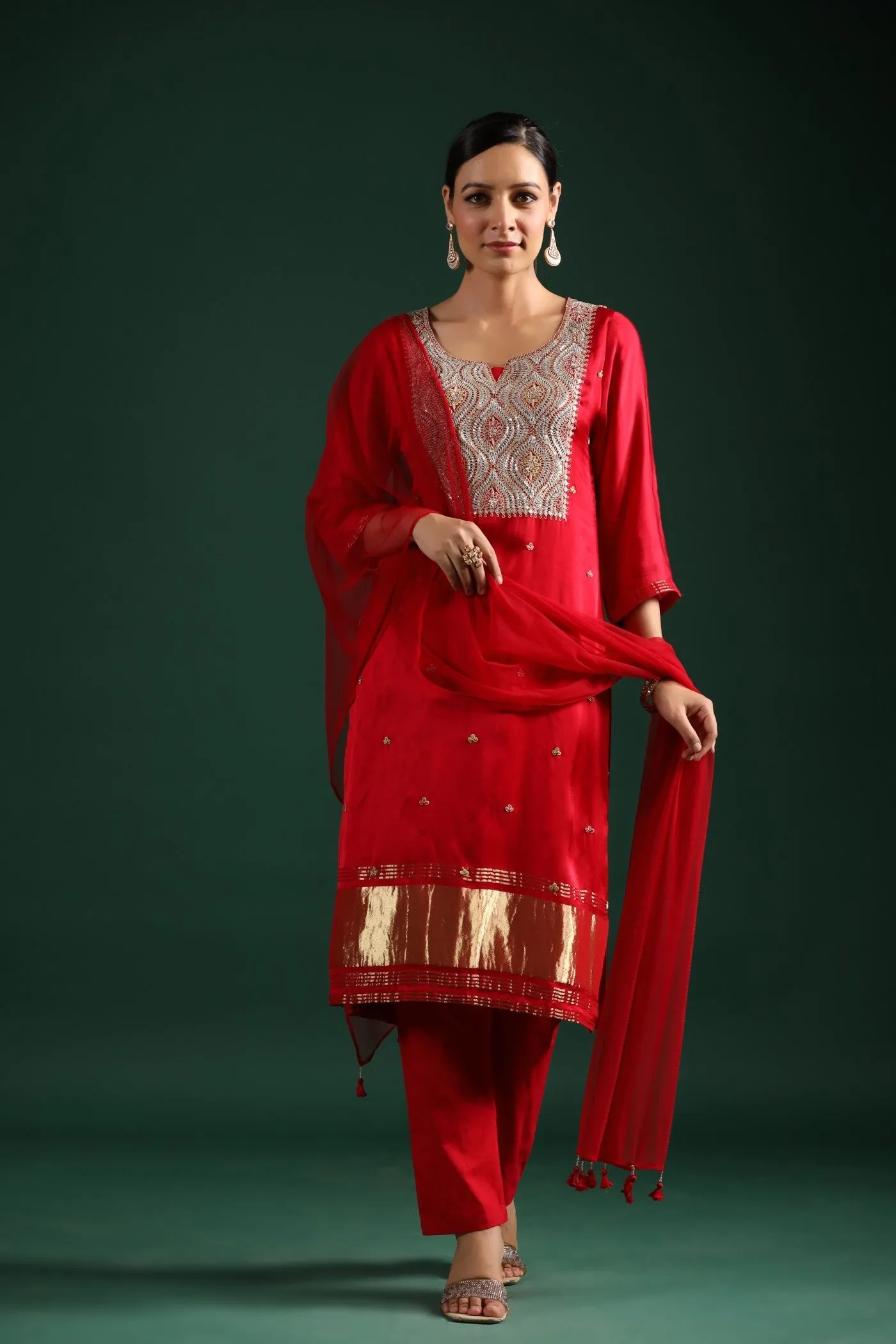 Red Zari Embroidered Gajji Silk Kurta Set