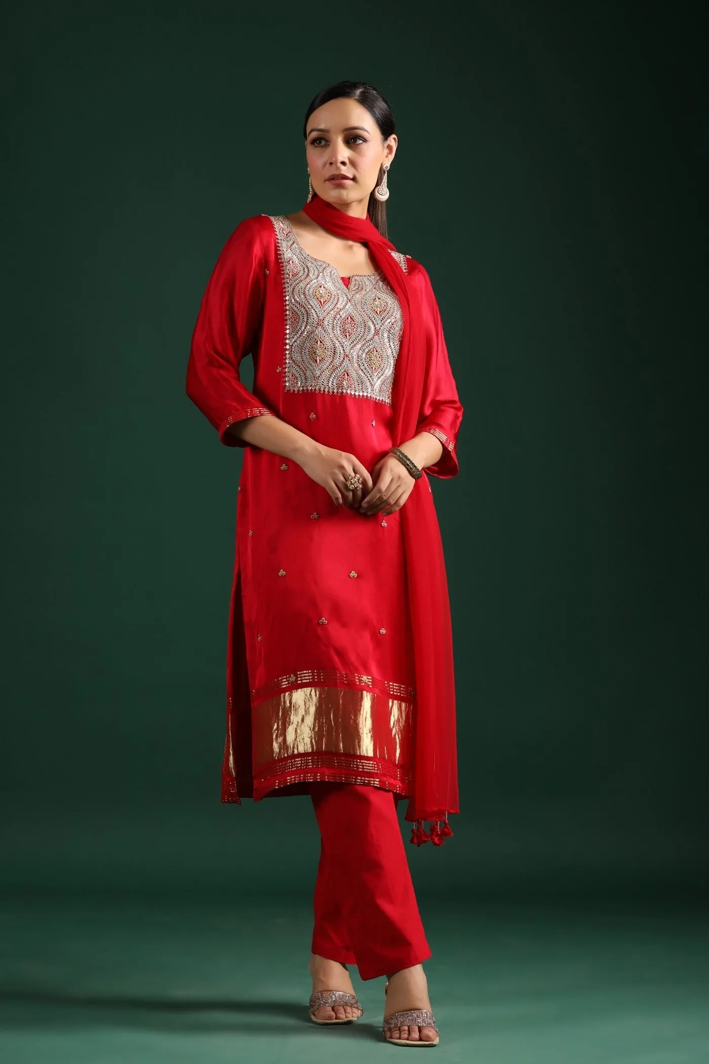 Red Zari Embroidered Gajji Silk Kurta Set