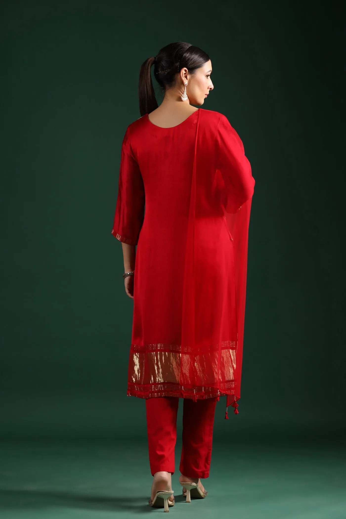 Red Zari Embroidered Gajji Silk Kurta Set