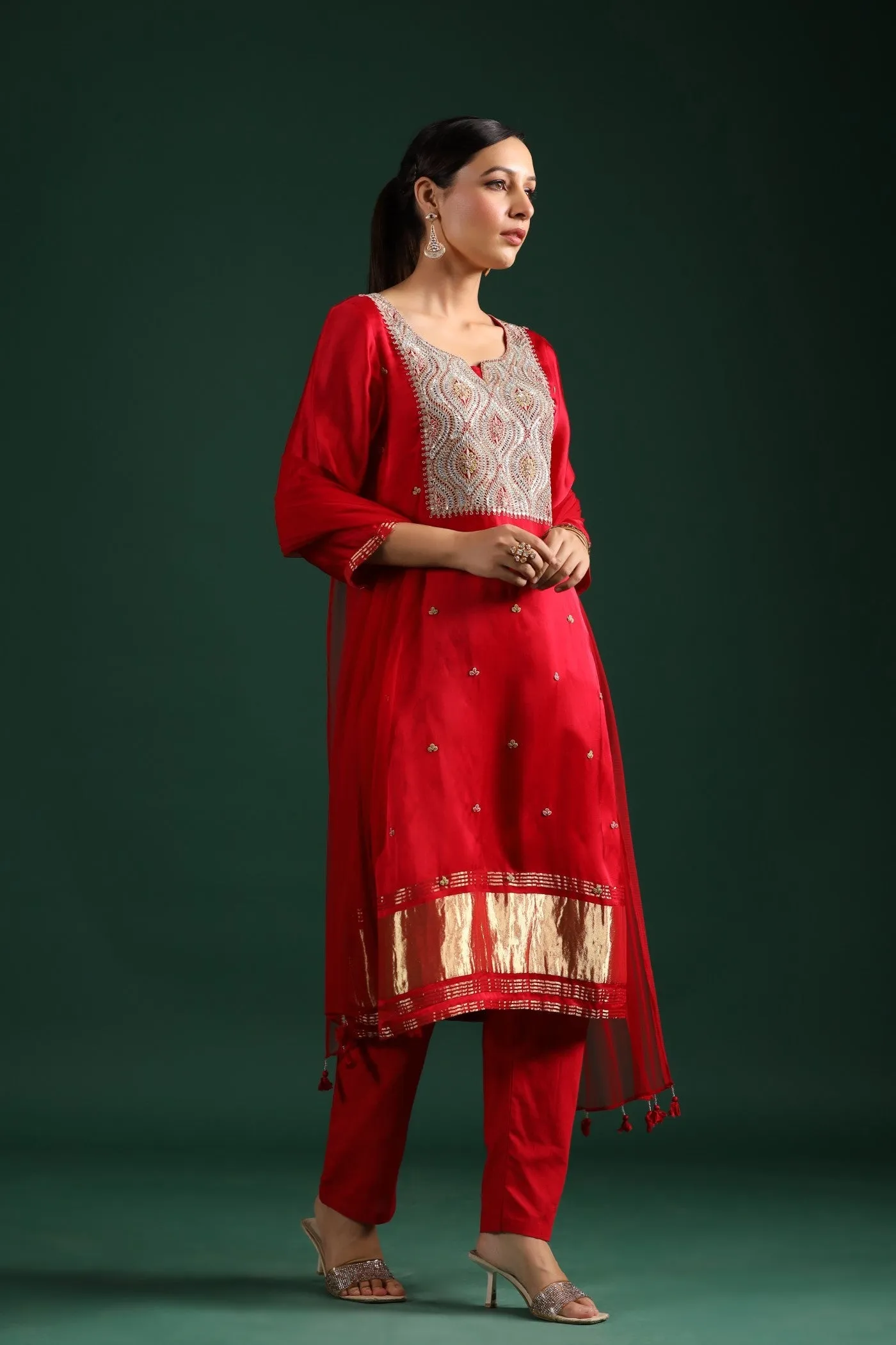 Red Zari Embroidered Gajji Silk Kurta Set