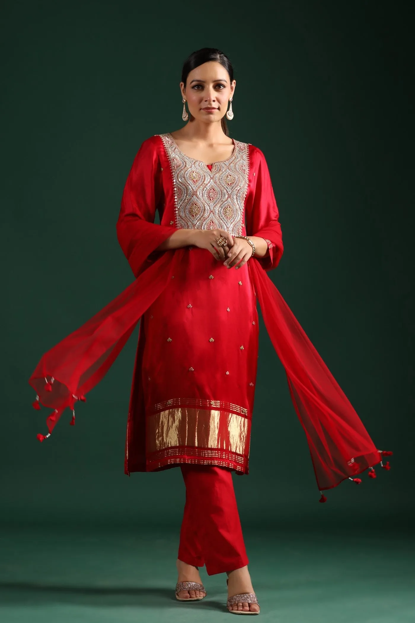 Red Zari Embroidered Gajji Silk Kurta Set