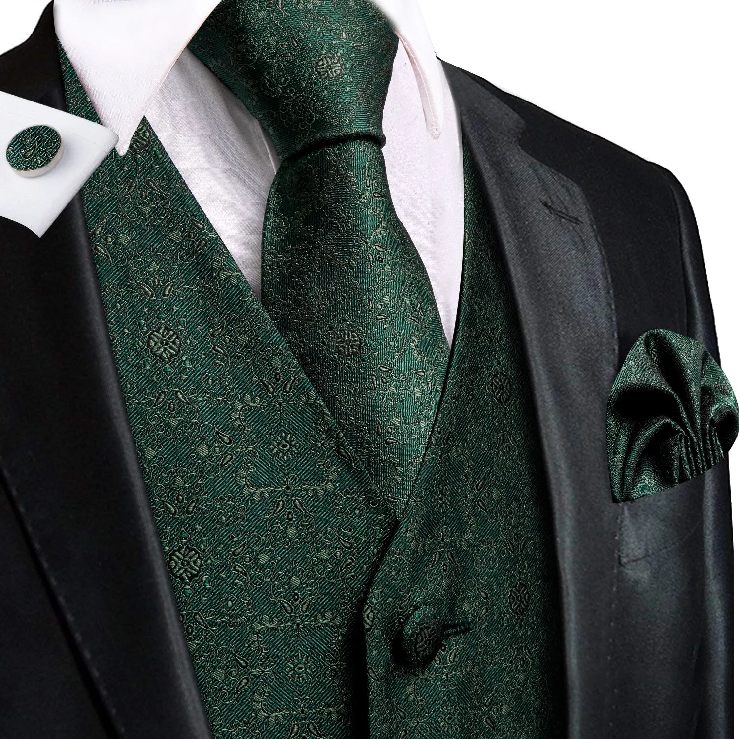 Sapphire Pine Green Veat Sage Green Flower Jacquard Silk Men's Vest Hanky Cufflinks Tie Set