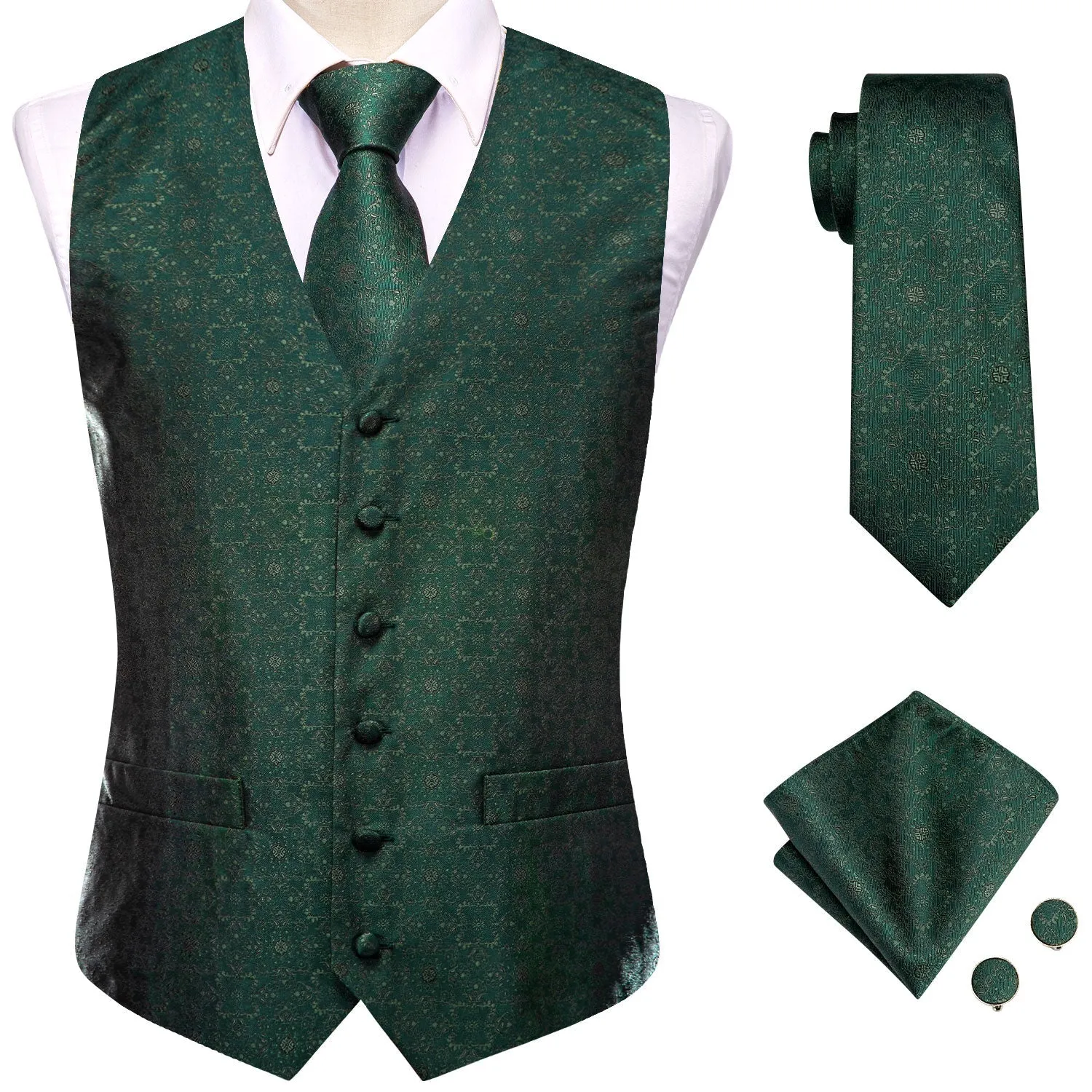 Sapphire Pine Green Veat Sage Green Flower Jacquard Silk Men's Vest Hanky Cufflinks Tie Set