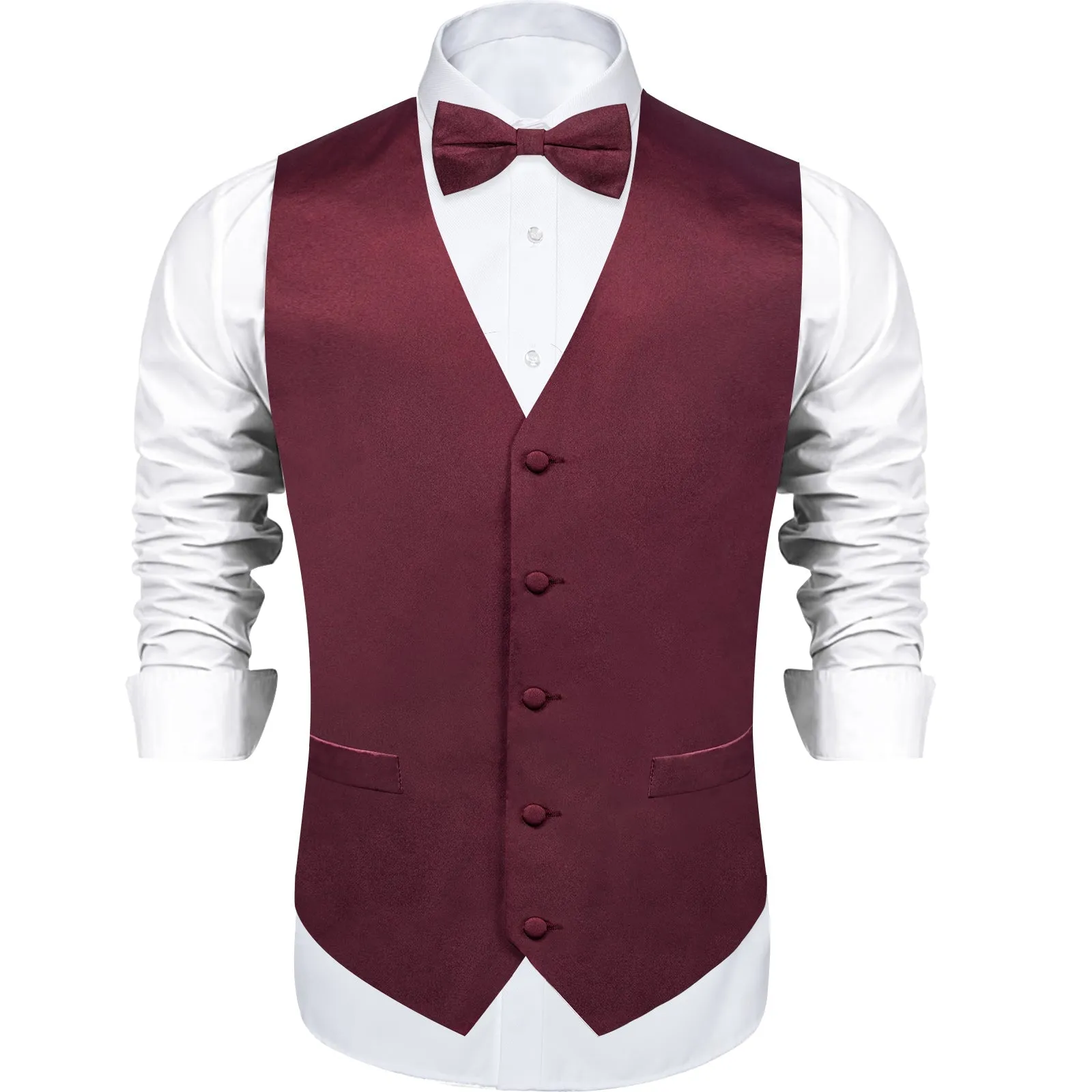 Satin Burgundy Red Solid Men's Vest Bow Tie Set