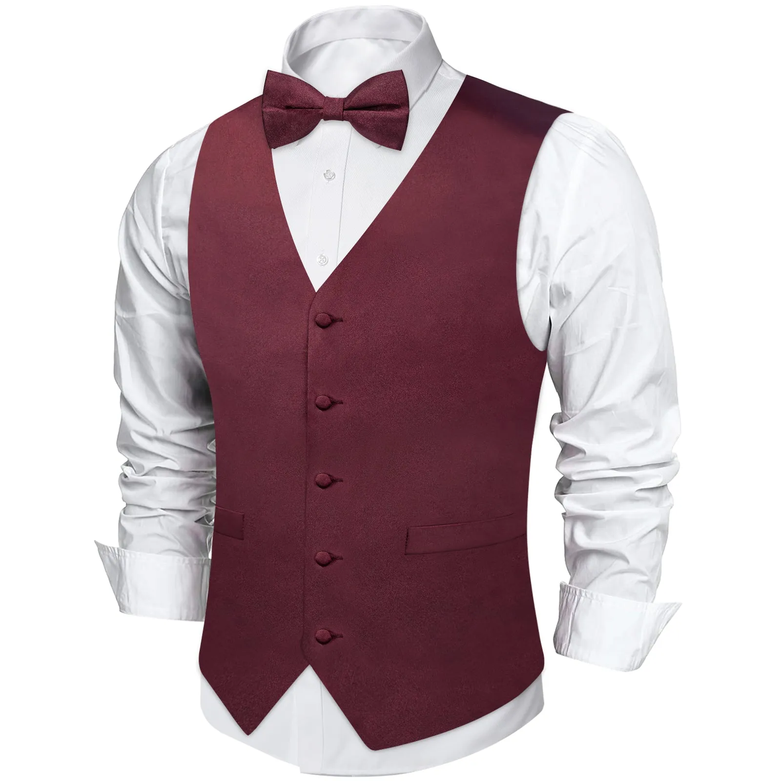 Satin Burgundy Red Solid Men's Vest Bow Tie Set