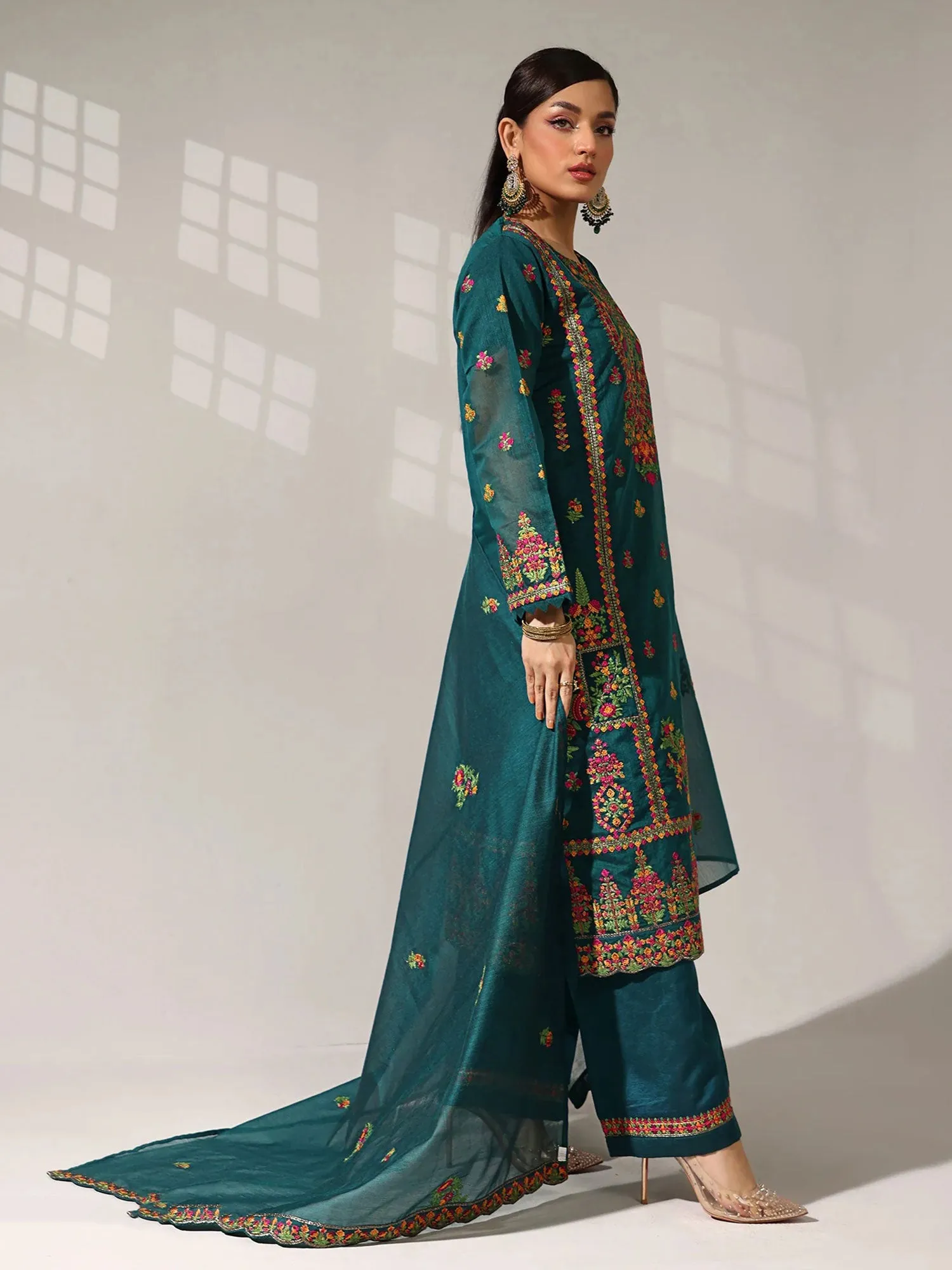 Sha Posh Embroidered Bori Net Suit - Zinc