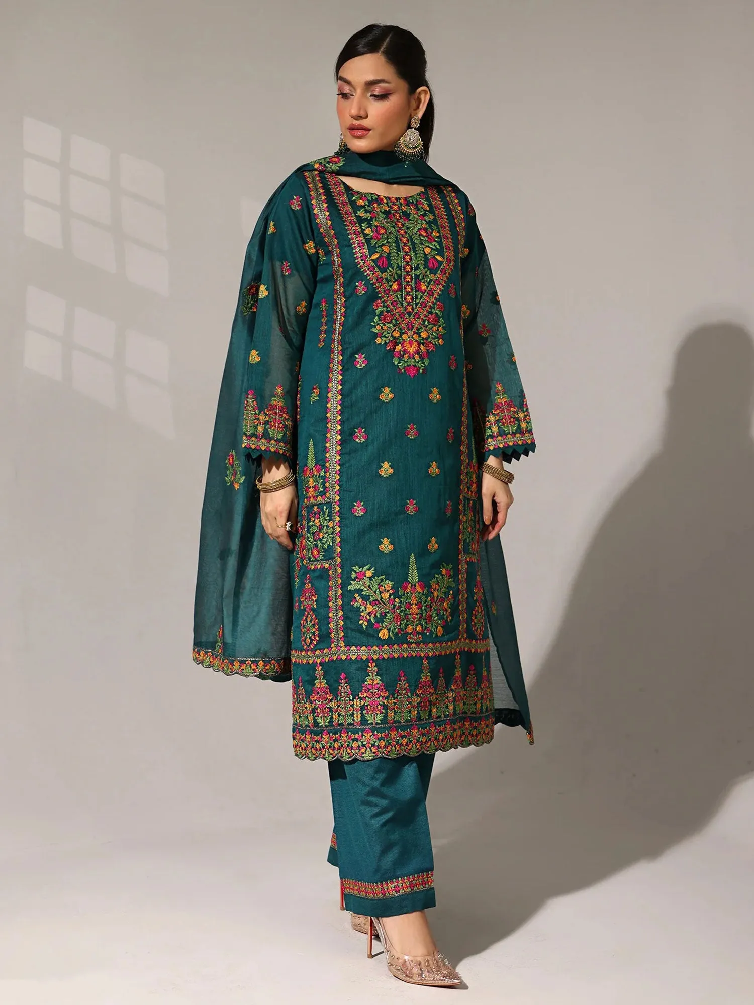 Sha Posh Embroidered Bori Net Suit - Zinc