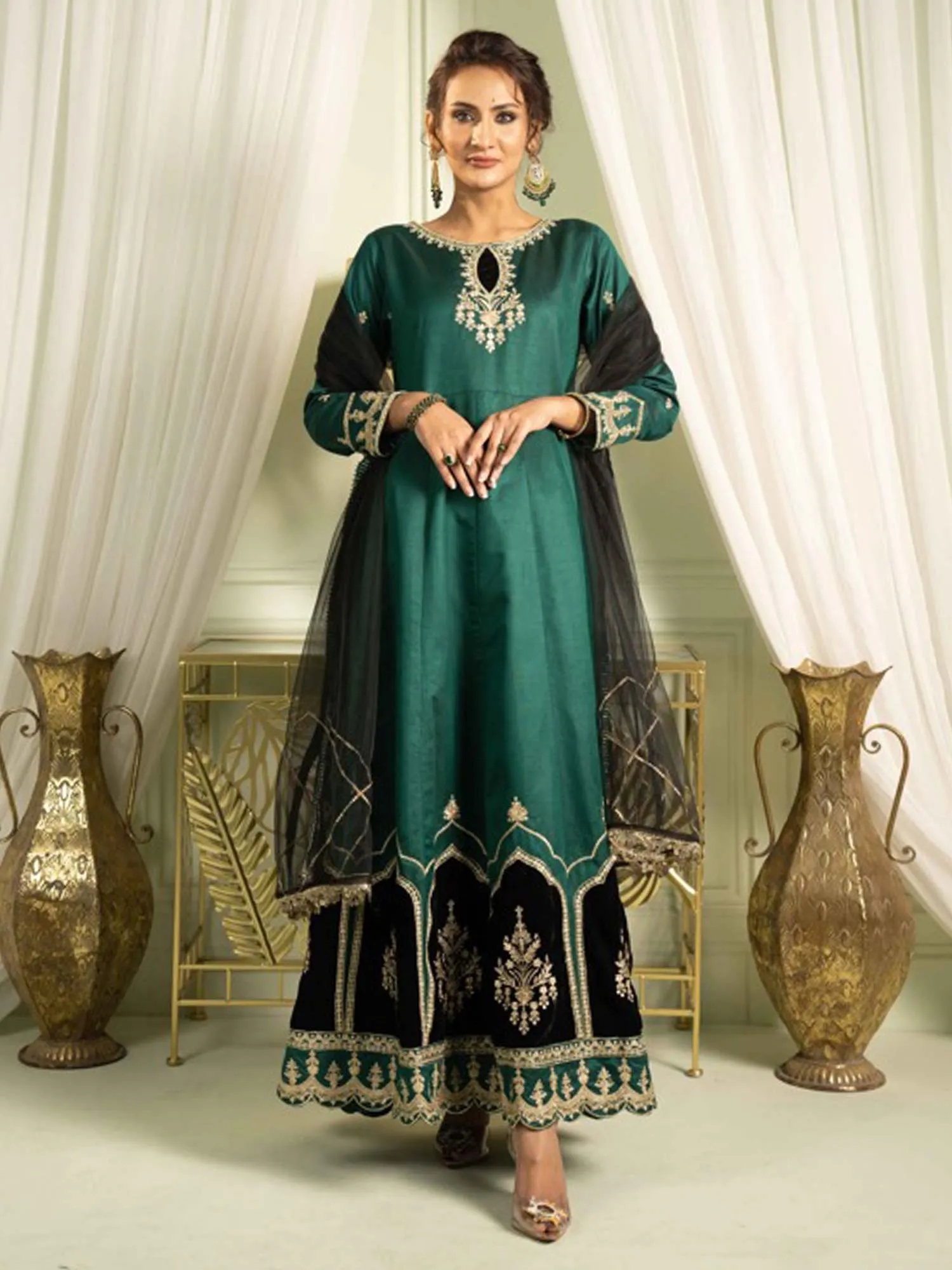 Sha Posh Embroidered Chambray Katan Maxi Suit - Green