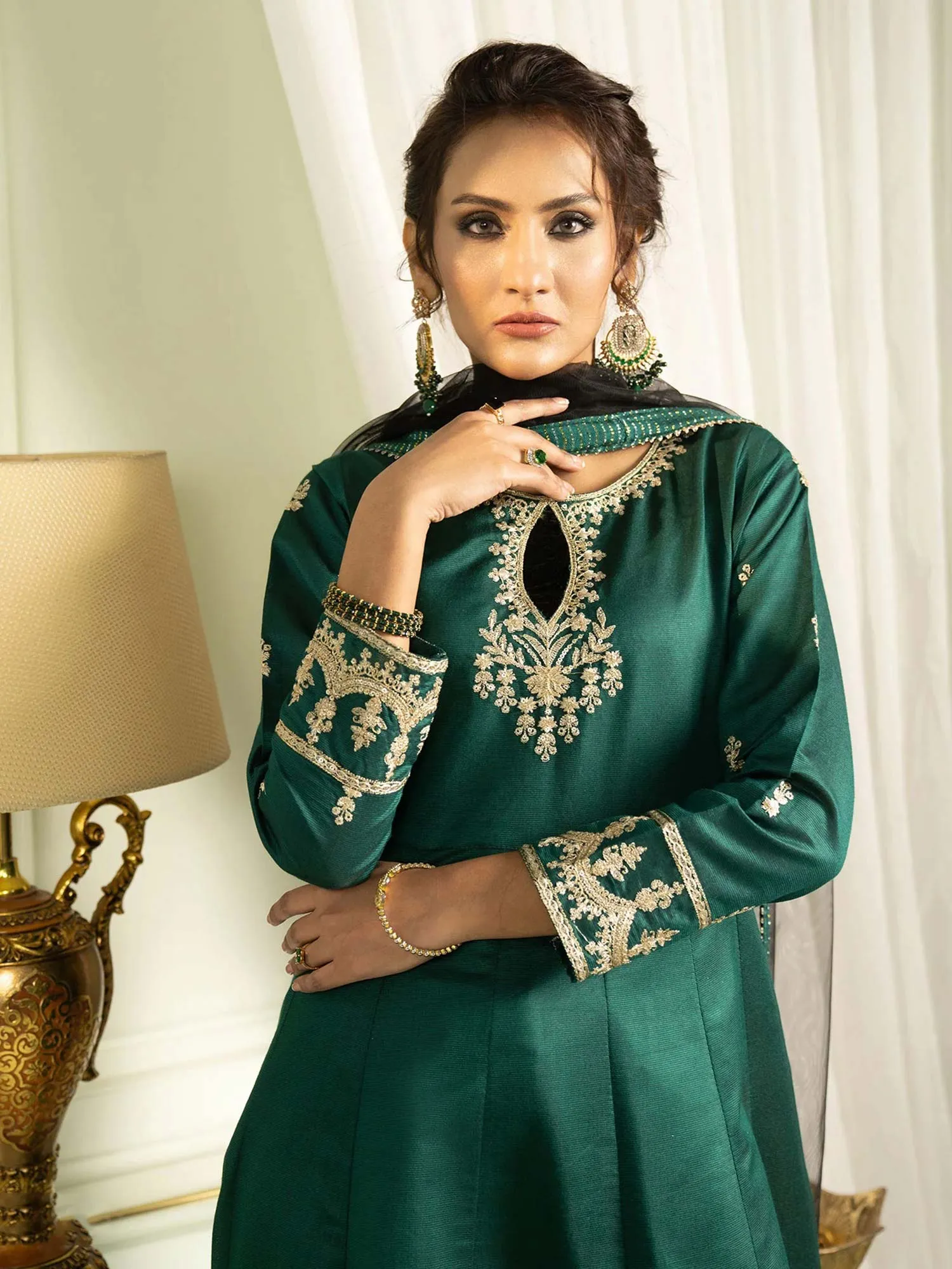 Sha Posh Embroidered Chambray Katan Maxi Suit - Green