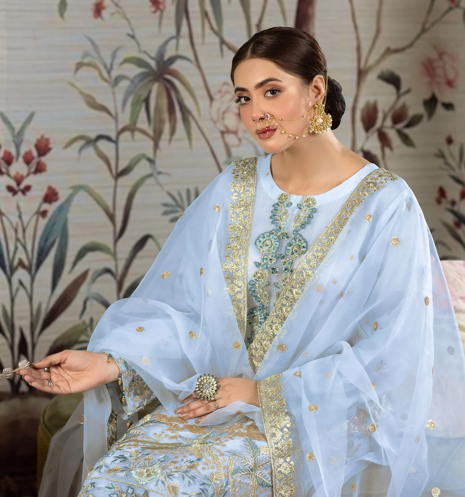 Sky Blue Embroidered Organza 3-Piece Suit