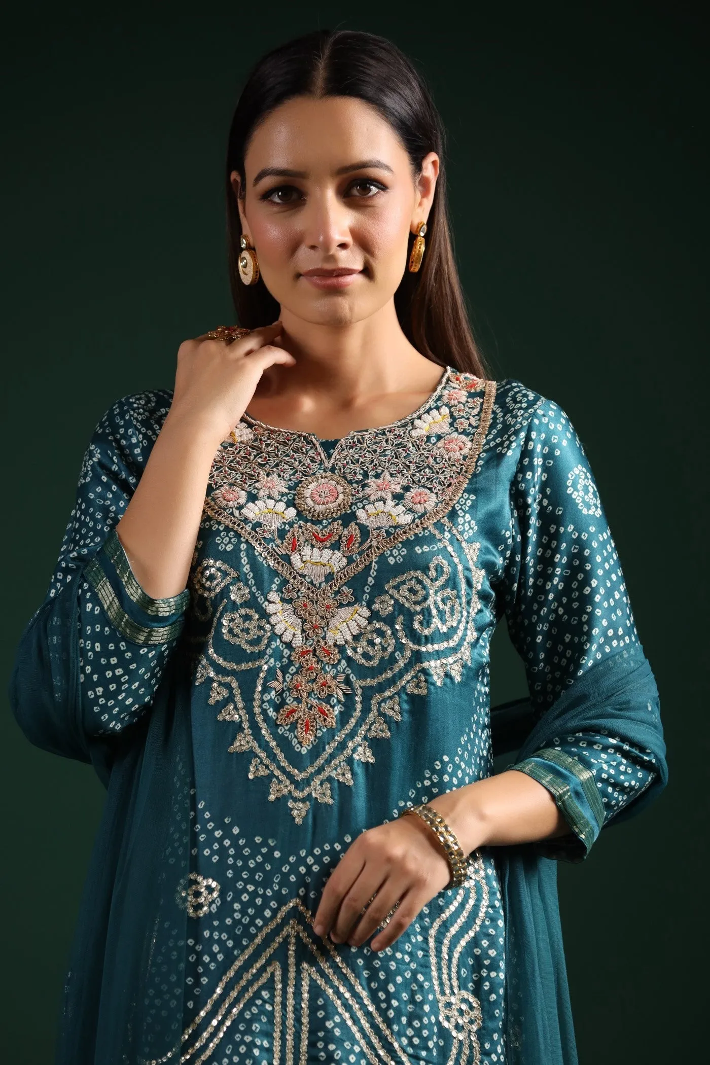 Teal Blue Bandhani Embroidered Kurta Set