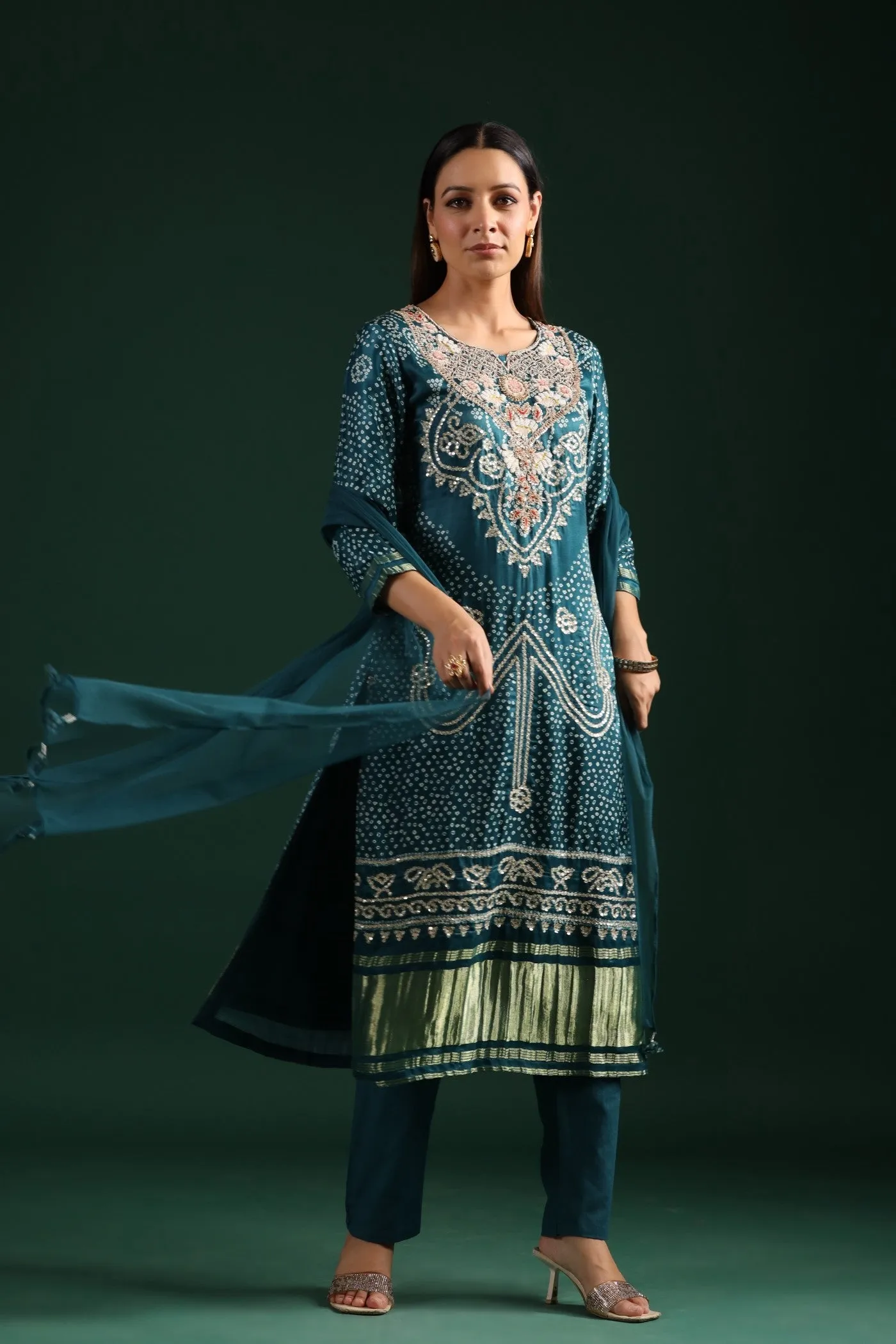 Teal Blue Bandhani Embroidered Kurta Set