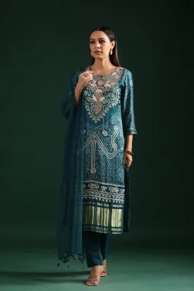 Teal Blue Bandhani Embroidered Kurta Set