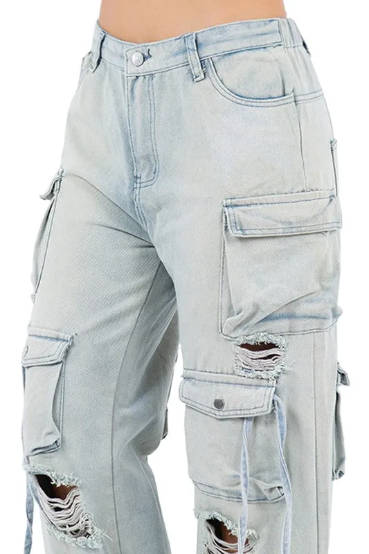 TEEK - LIGHT BLUE SEXY CARGO STYLE DENIM PANTS